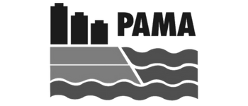 Logo with the word 'PAMA' and abstract wavy lines