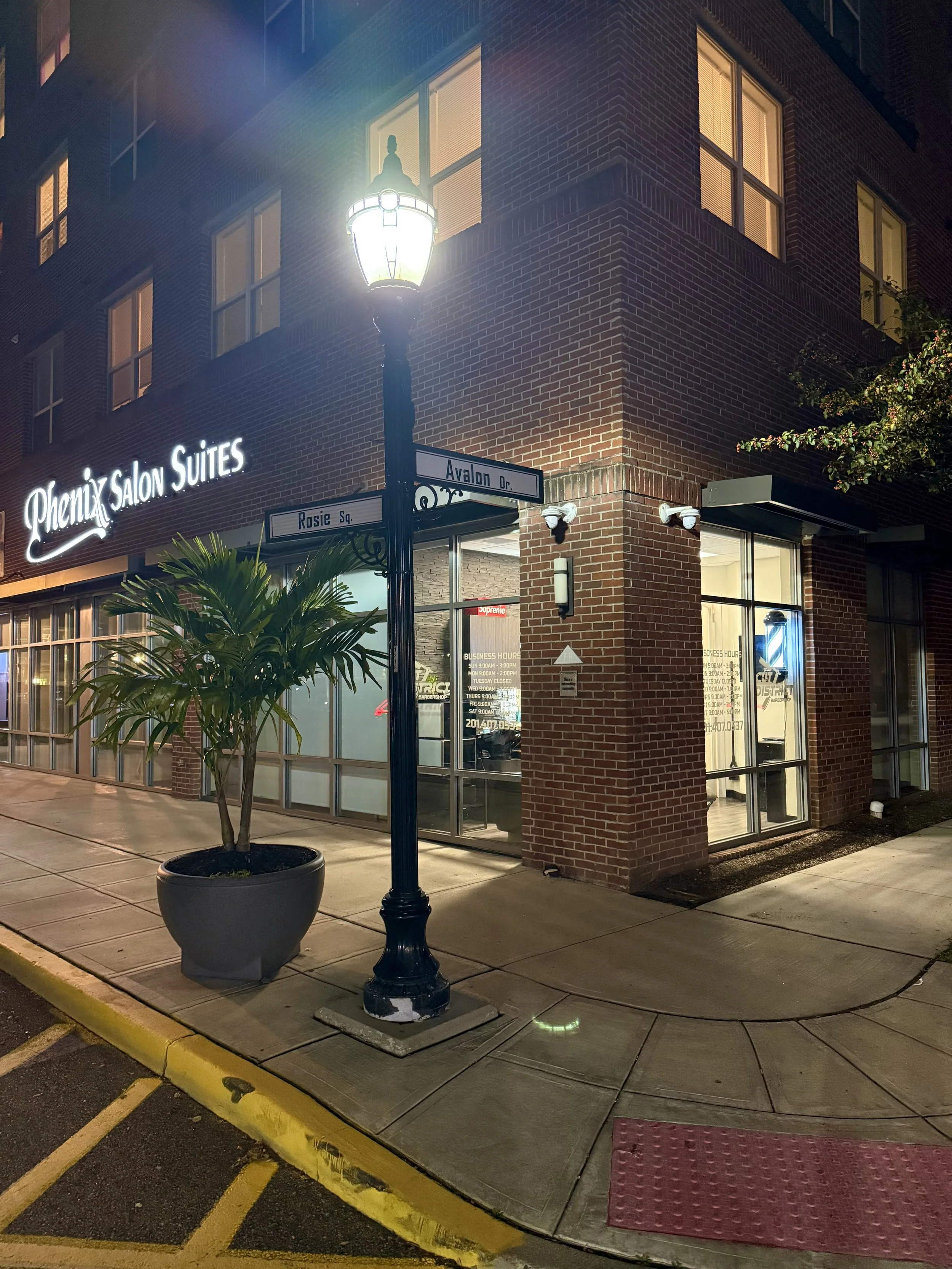 Night view of a brick building with a glowing sign that reads 'Phenix Salon Suites'. A street lamp casts light onto the sidewalk, with a potted plant nearby. Two street signs indicate the intersection of Avalon Drive and Rosie Street.