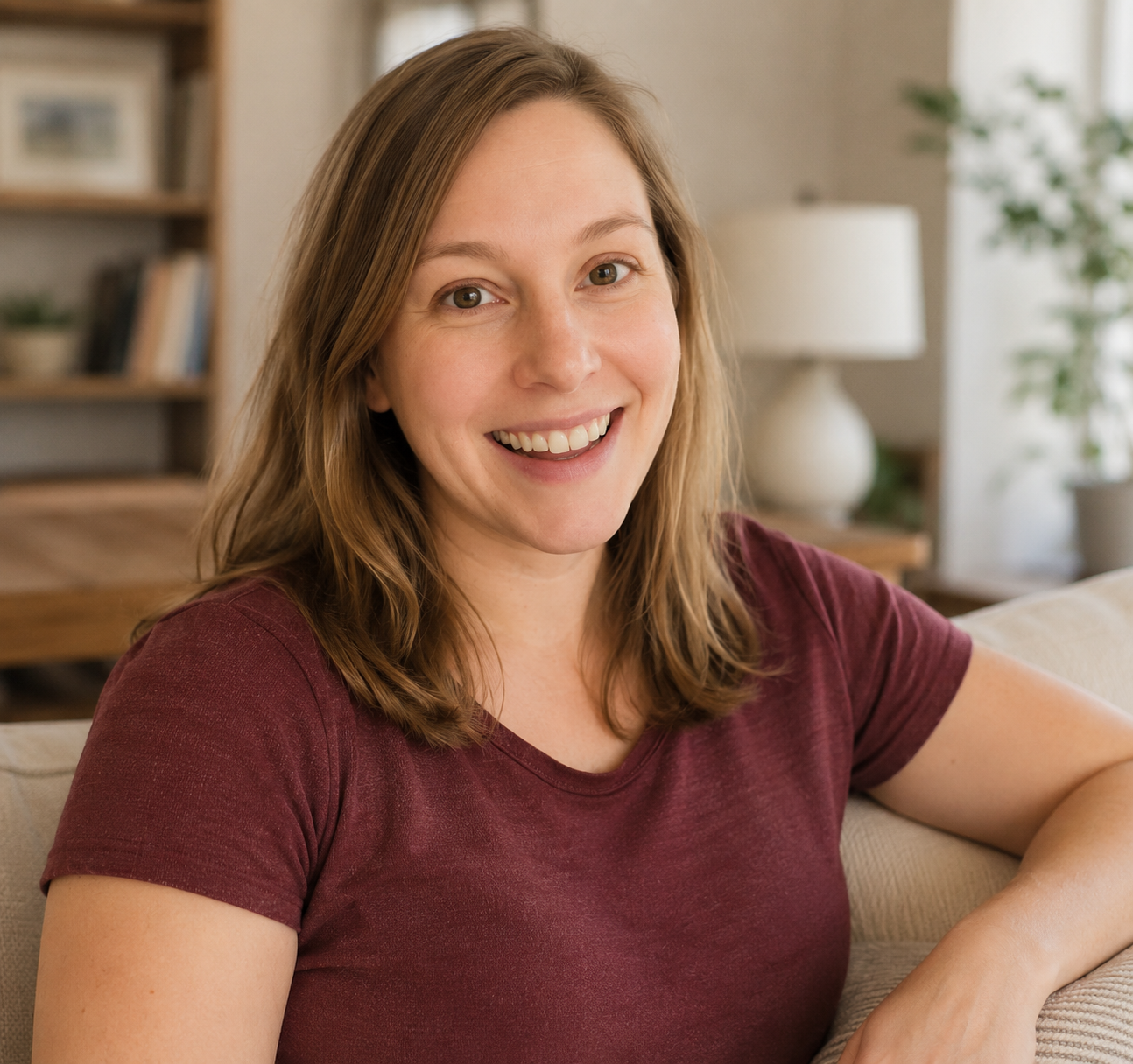 A woman with shoulder-length brown hair, smiling and wearing a maroon t-shirt, standing in a room with cream-colored walls and a window with white curtains.