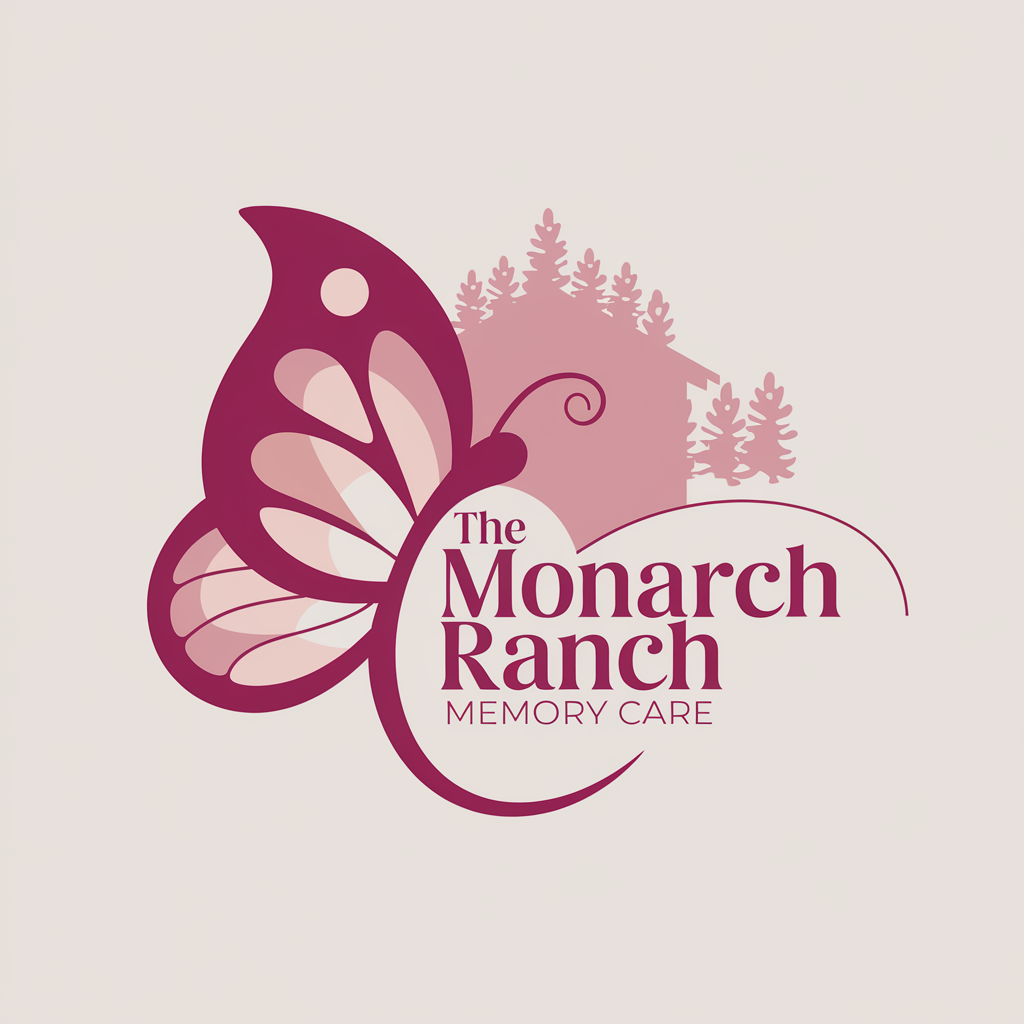 Logo for The Monarch Ranch Memory Care featuring a butterfly, trees, and a building.