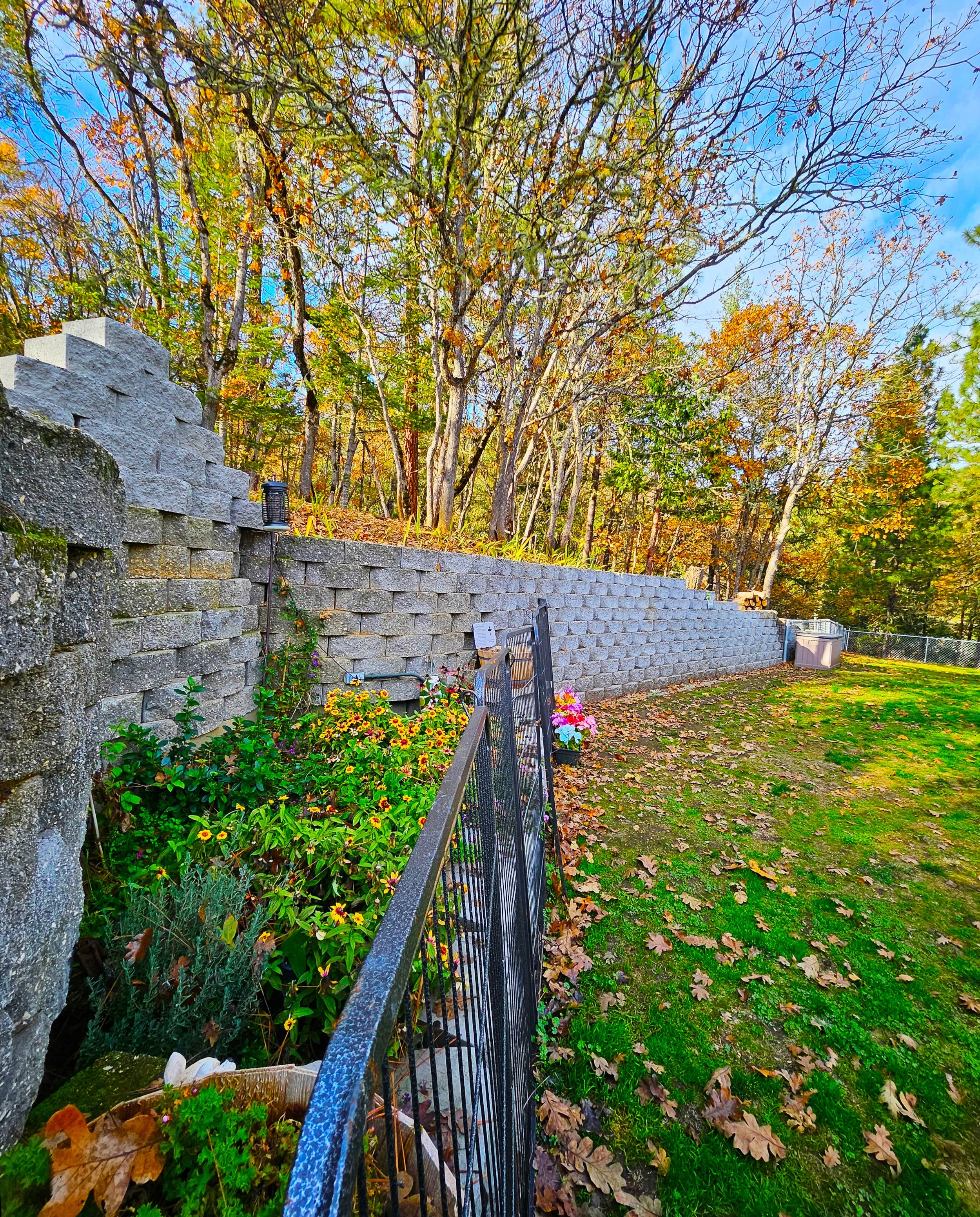 A backyard with a stone retaining wall, colorful autumn trees, a black metal fence, and a garden with yellow and pink flowers.