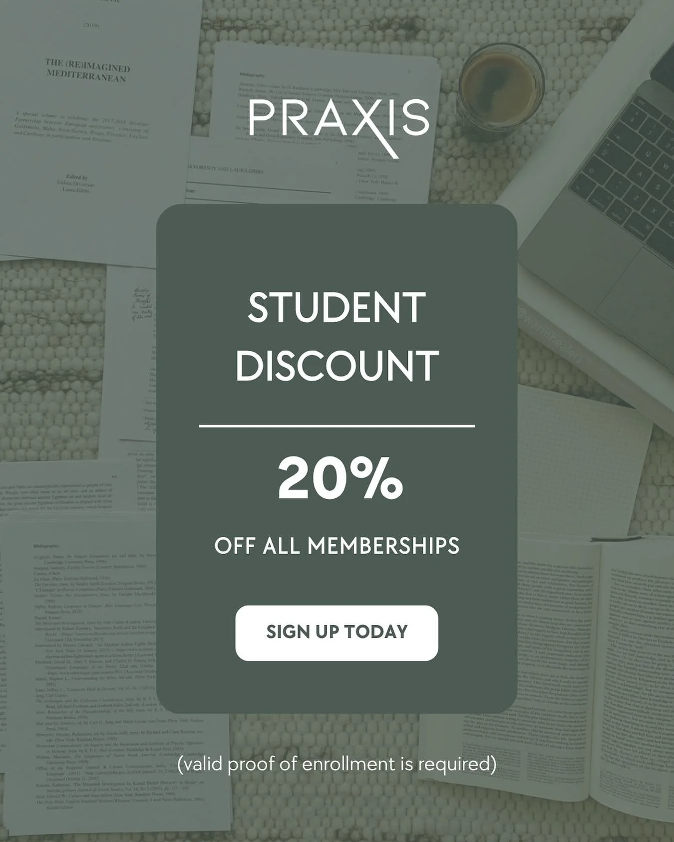 We know how hard it can be to balance classes, work, and life.
That&rsquo;s why we&rsquo;re making self-care a little easier. Starting now, students get exclusive discounts on all classes at Praxis! 😍

✨ Signing up is simple: just stop by the front 