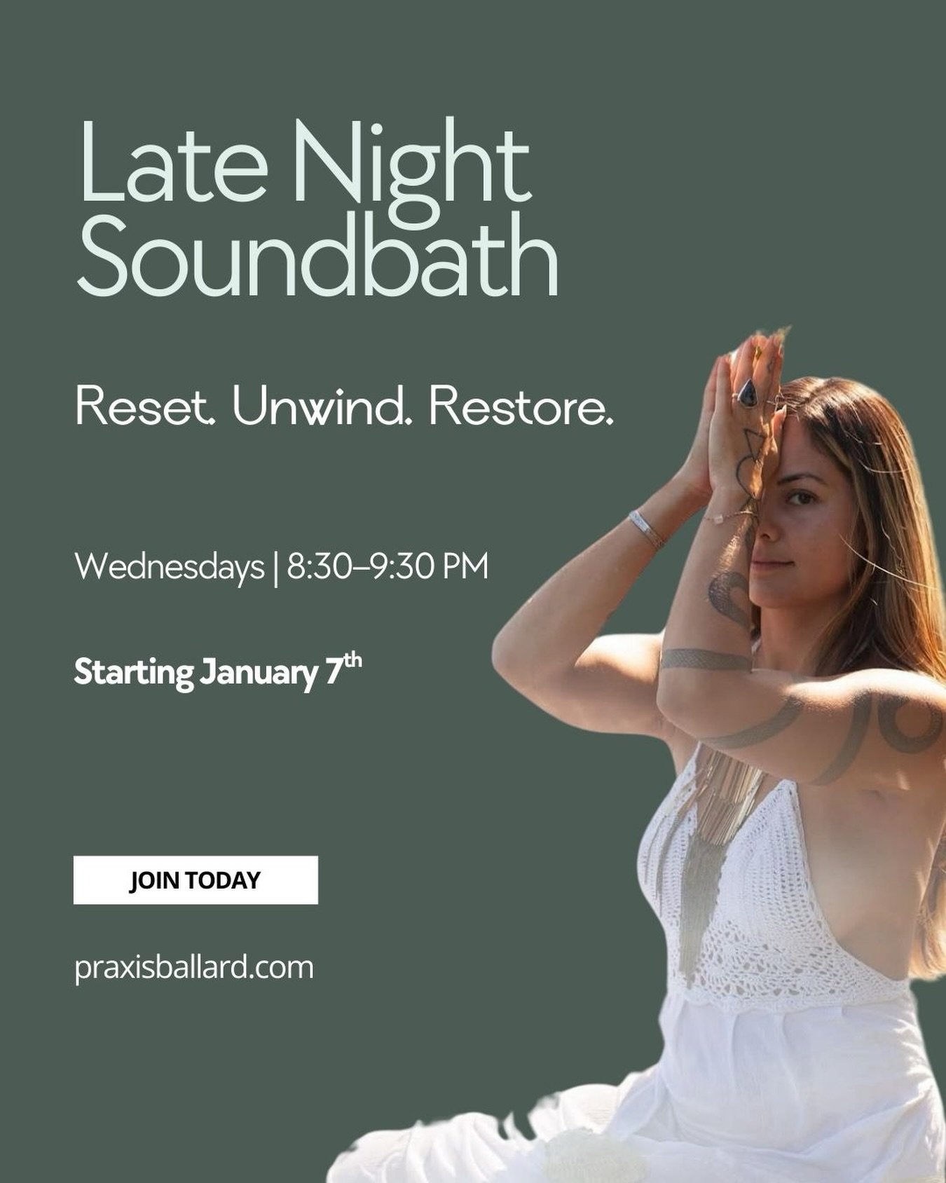 The calm your week has been asking for...

Join us for a Late Night Soundbath with Jasmine, every Wednesday at 8:30 PM, starting Jan 7th.

Settle into the middle of your week with a deeply calming, late-night practice designed to help you slow down, 