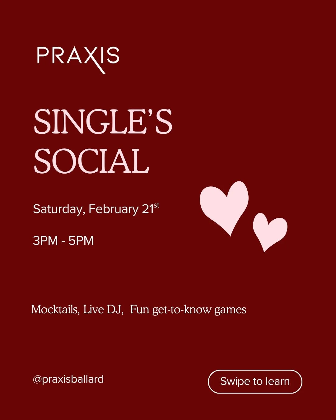 Single in Seattle and open to meeting new people?

We&rsquo;re hosting a Praxis Singles Social. Designed to be fun, relaxed, and low-pressure.

✨ Speed-dating style rounds
✨ Mocktail mingle (available for purchase)
✨ Live DJ - @dj_bennyblu3 
✨ Games 