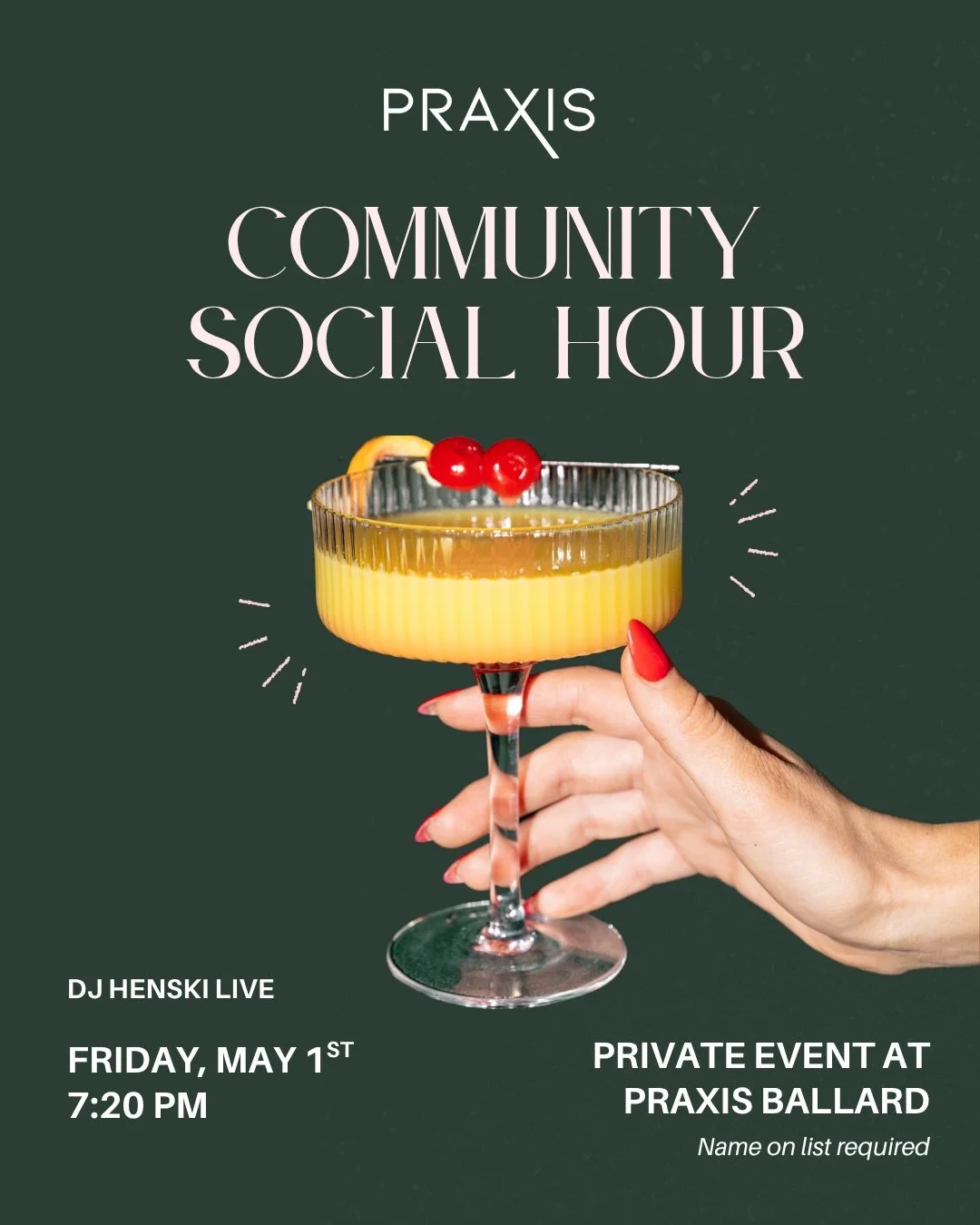 Social Hour is calling ✨

Join us on May 1st at 7:20pm for our Praxis Community Social Hour, a space to connect, meet new people, and hang with your community off the mat.

We&rsquo;ve got @djhenski setting the vibe all night. Good music, good energy