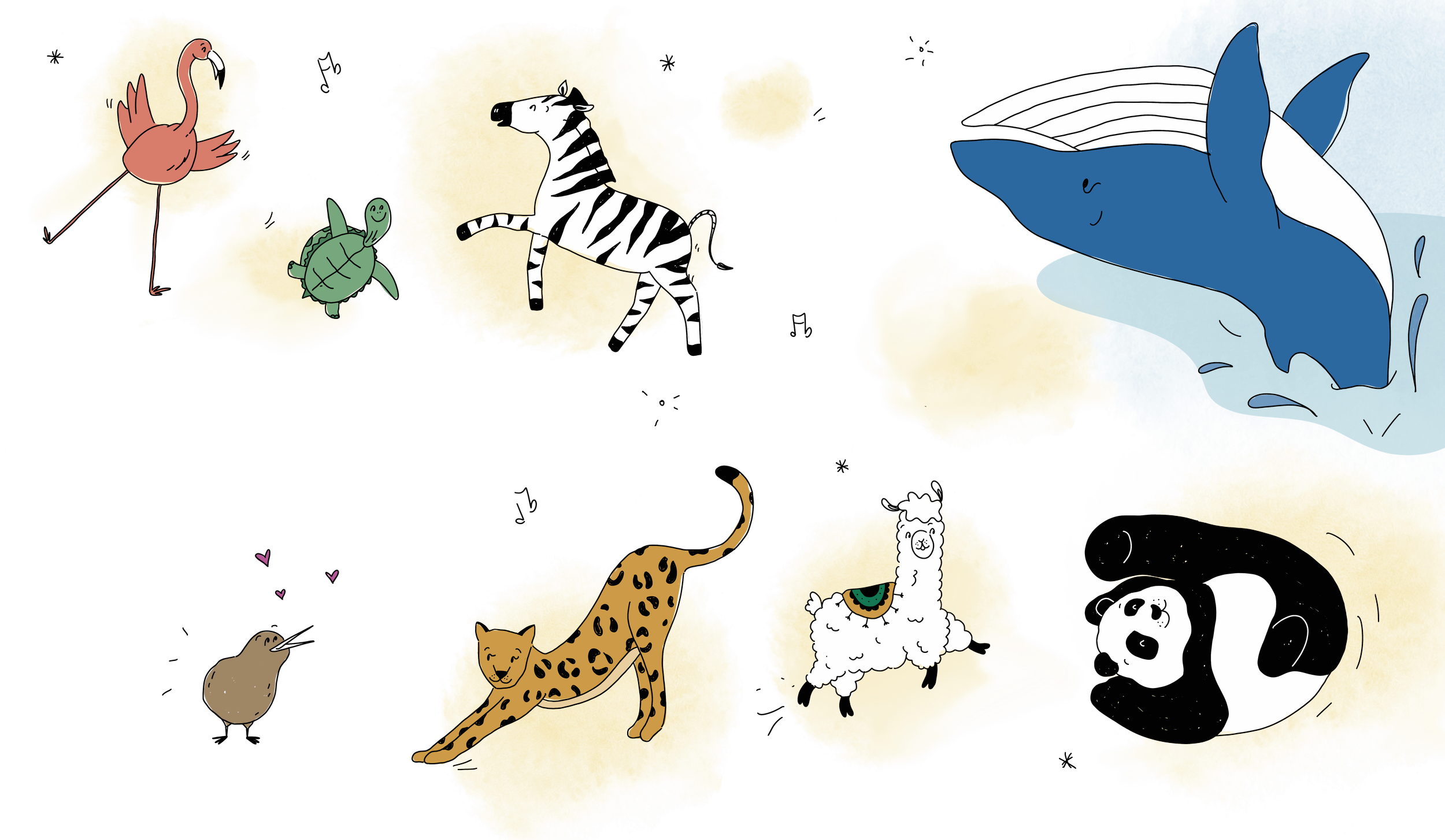 Illustration of various animals, including a flamingo, turtle, zebra, shark, cheetah, llama, panda, and a small white fluffy animal, each surrounded by yellow clouds or splashes.