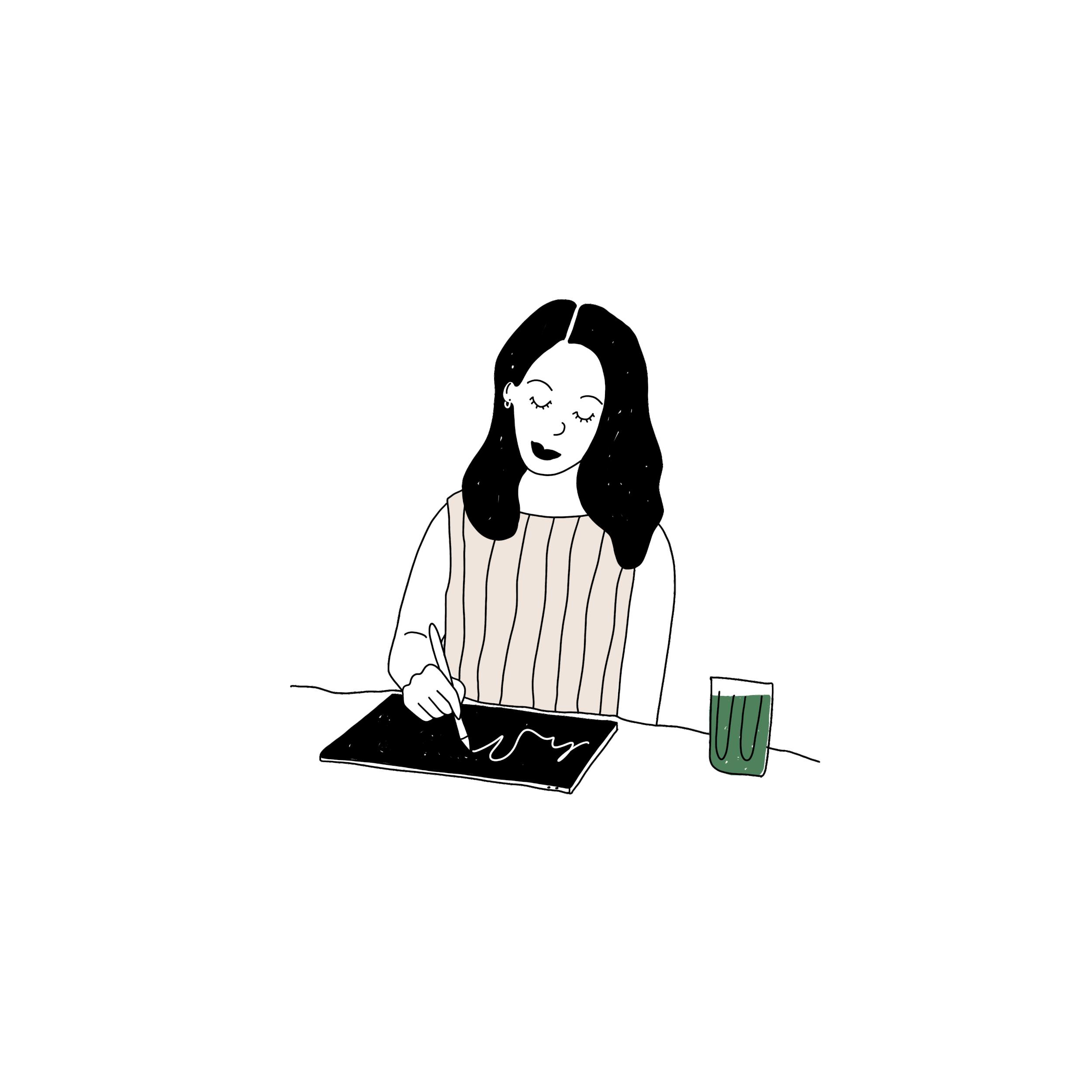 A woman with dark hair and closed eyes drawing with a pen on a black tablet, sitting at a table with a glass of green beverage nearby.