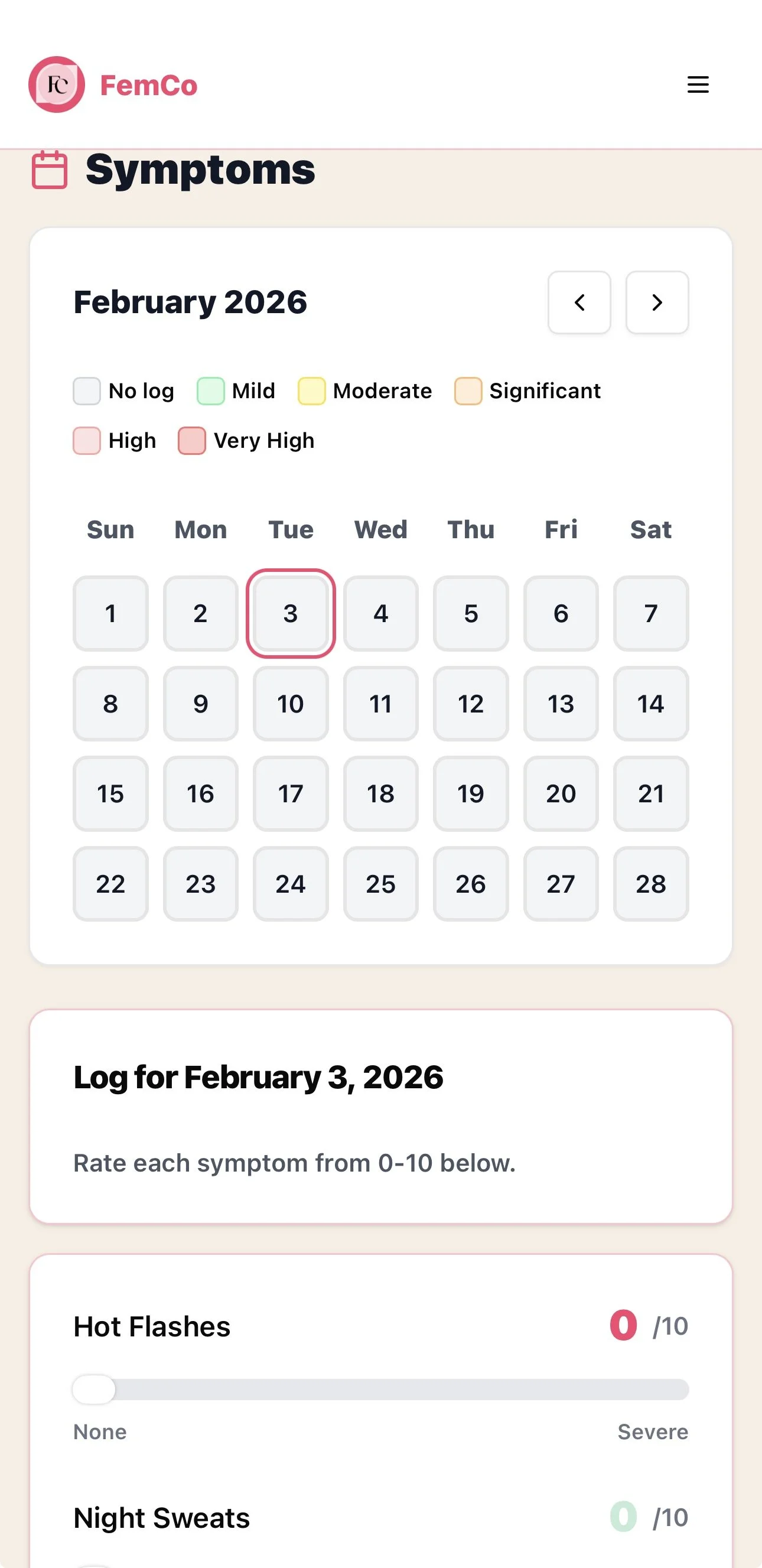 femco-menopause-ai-app-screenshot-symptom-tracker.jpeg