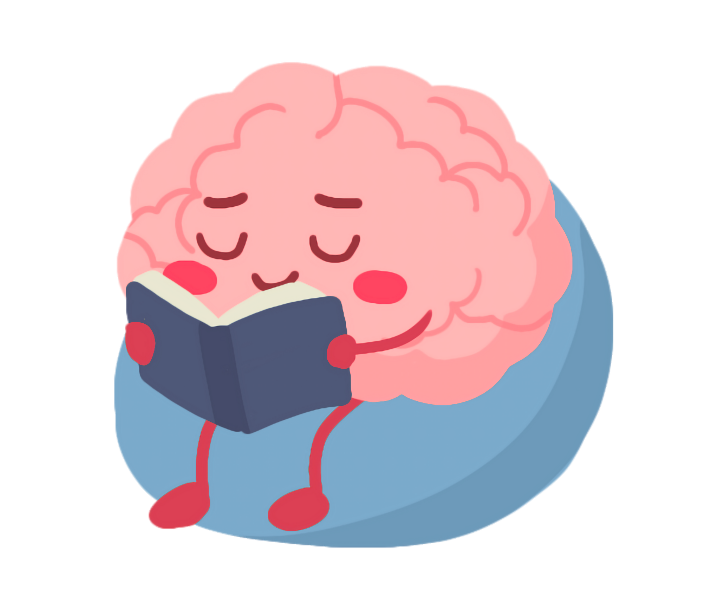 Pink cartoon brain reading a book on a blue beanbag chair with a relaxed, focused expression