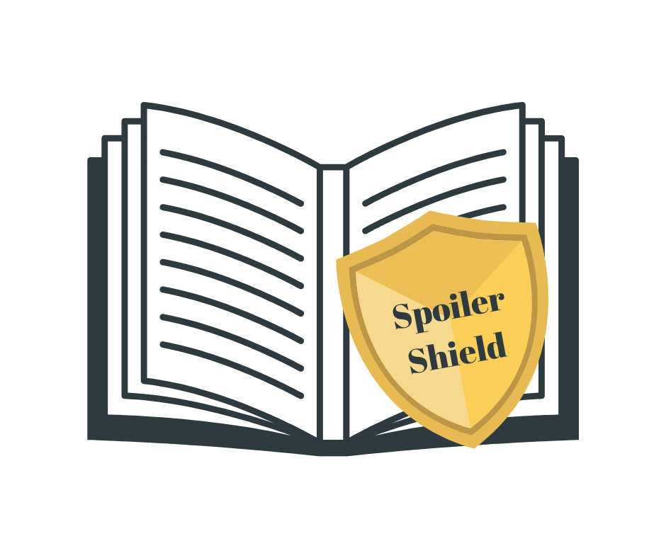 Open book with a shield labeled "Spoiler Shield" in front of it.