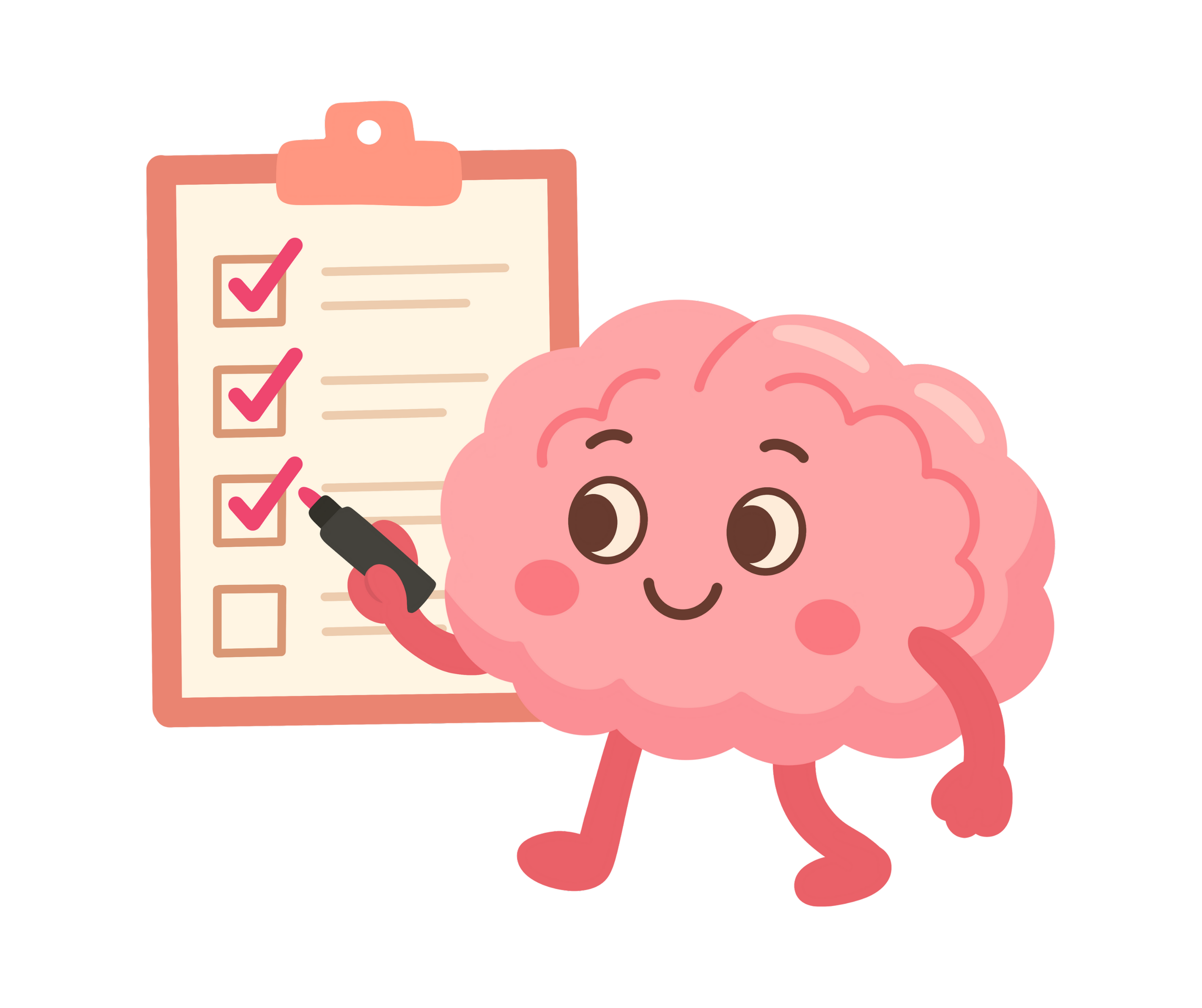 Pink cartoon brain happily checking items off a list attached to a clipboard