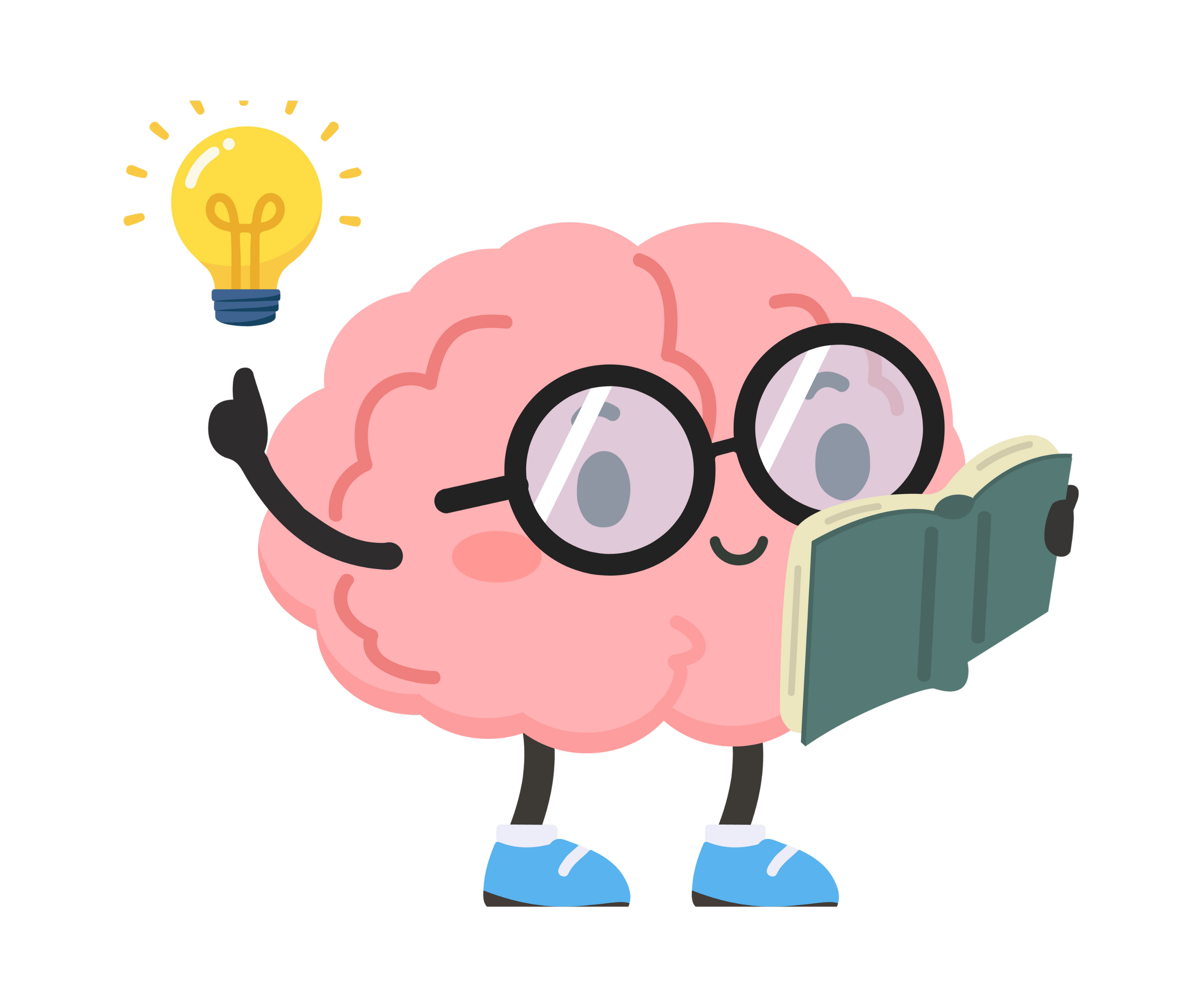 Pink cartoon brain wearing glasses and blue sneakers reading a green book and pointing to a lit 'idea' light bulb over their head