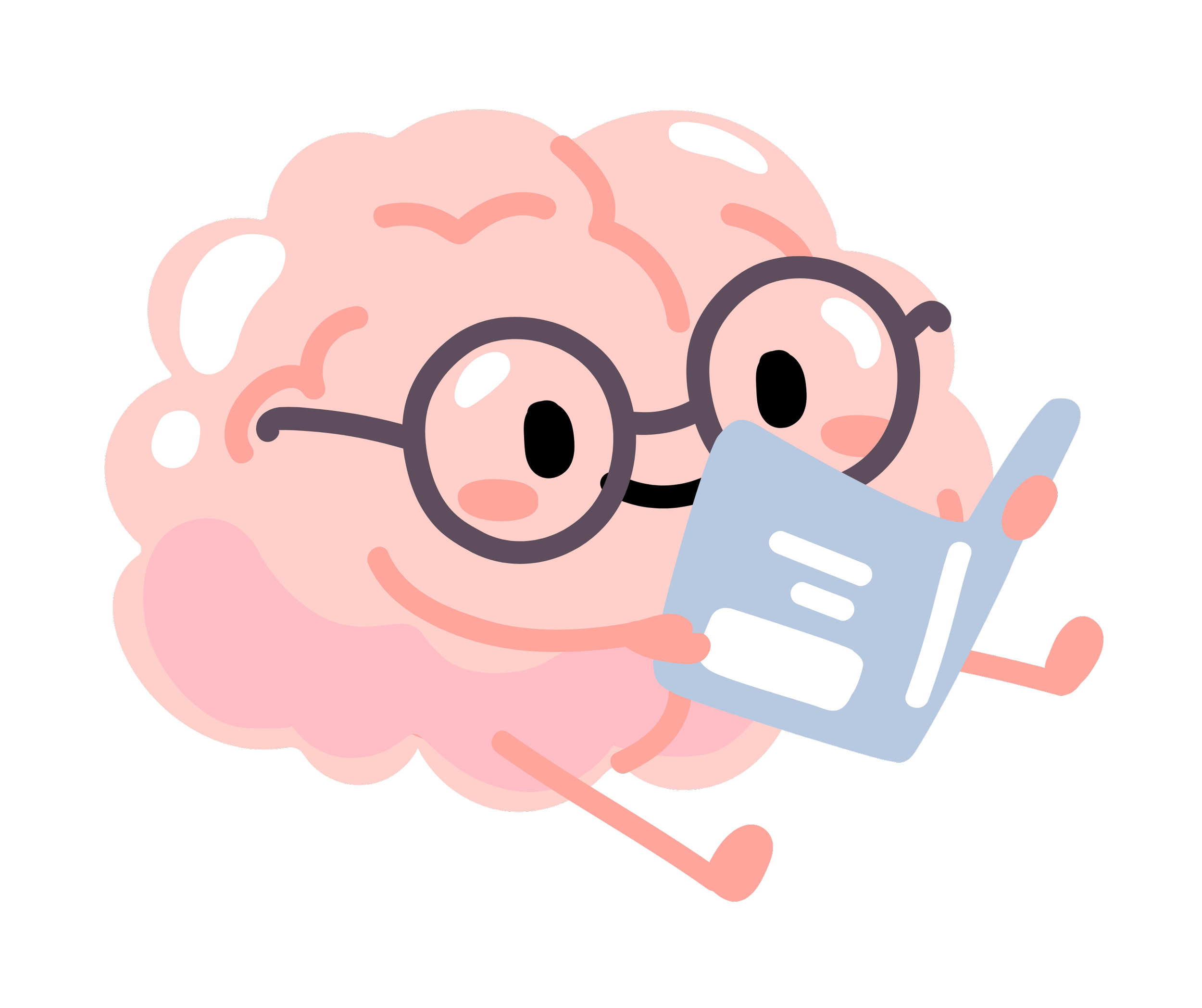 Cartoon brain wearing glasses using a tablet.