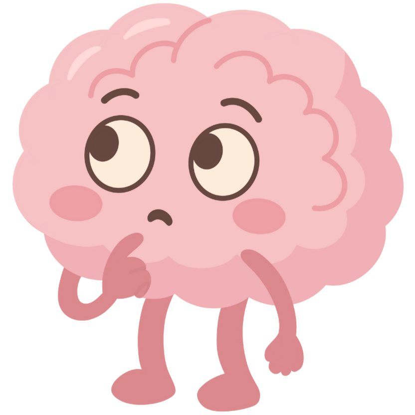 A cartoon illustration of a pink fluffy brain with human-like legs and arms, standing with one hand on its chin as if thinking.