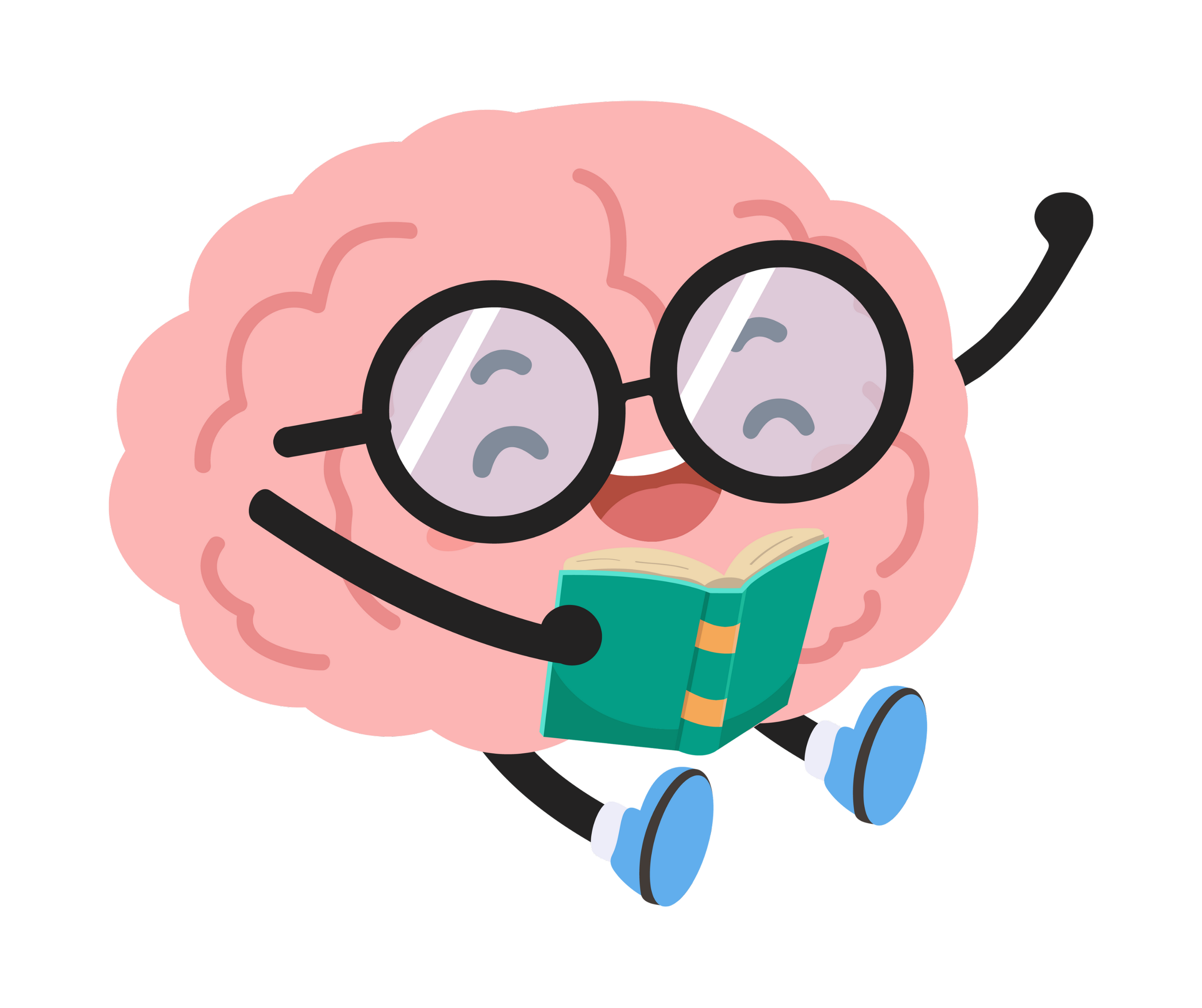 Excited pink cartoon brain wearing glasses and blue sneakers is seated reading a green book and raising one small fist in the air victoriously 