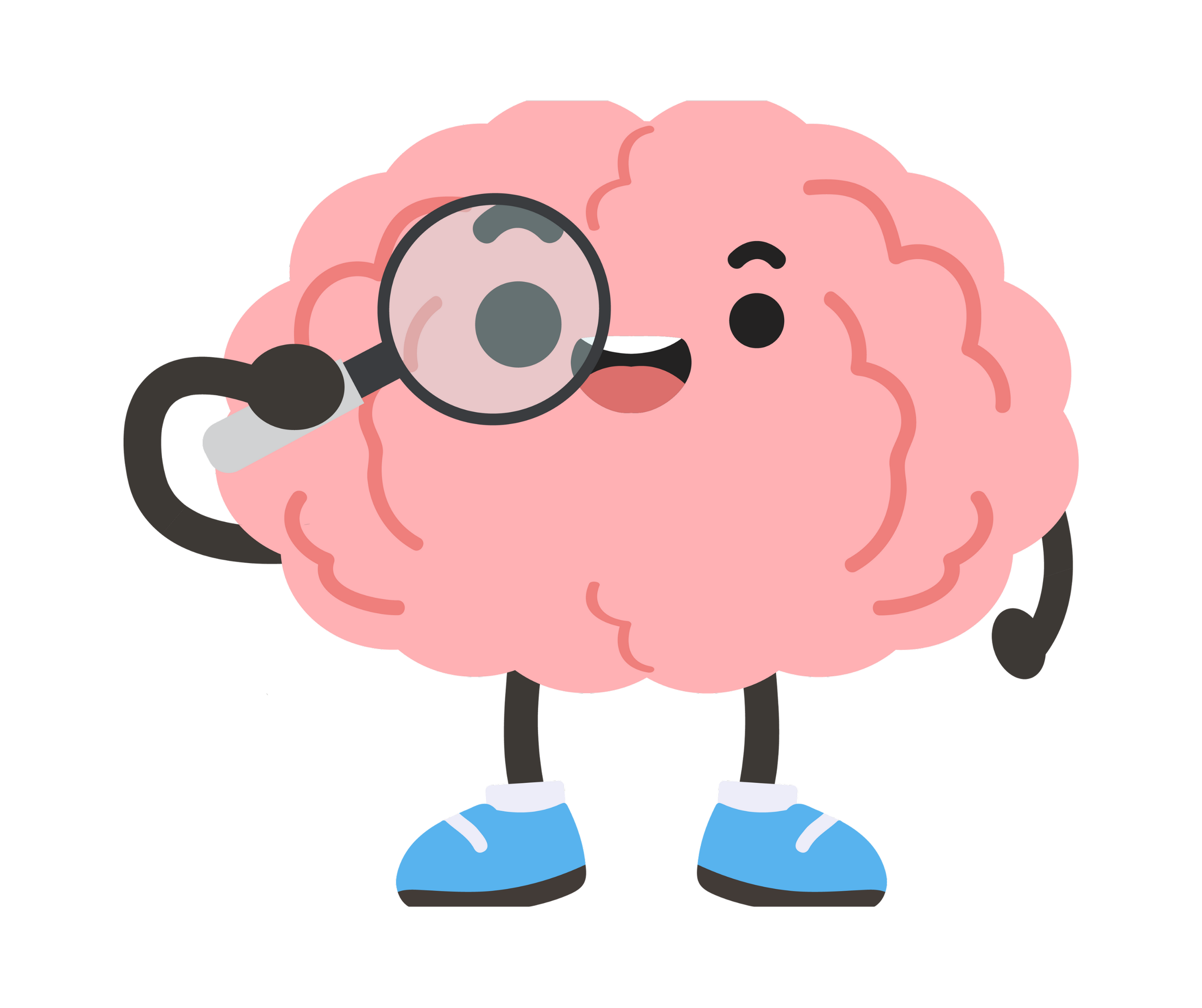 Pink cartoon brain with magnifying glass over right eye