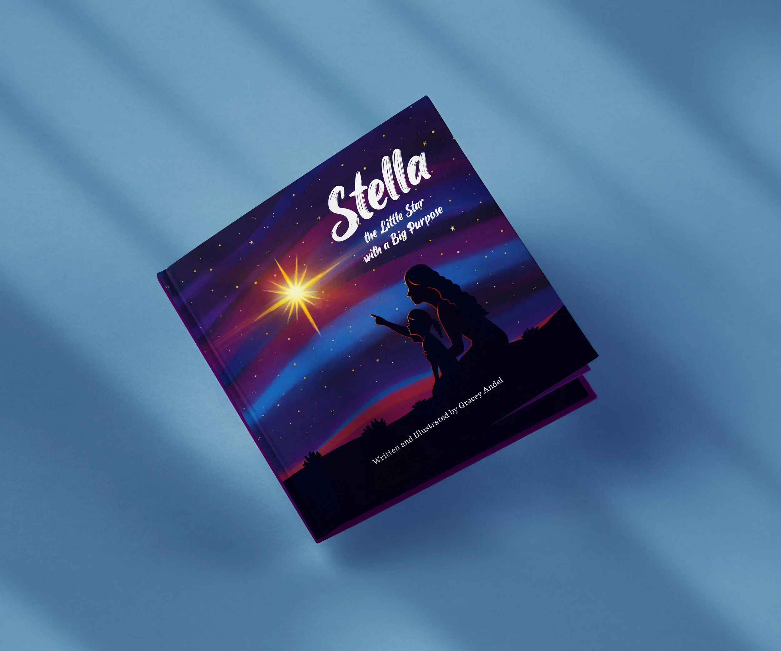 Children's book titled 'Stella: the Little Star with a Big Purpose,' illustrated with a silhouette of a girl and a younger child gazing at a glowing starry night sky with colorful streaks. Christmas story, nativity story, Baby Jesus, wisemen, Mary