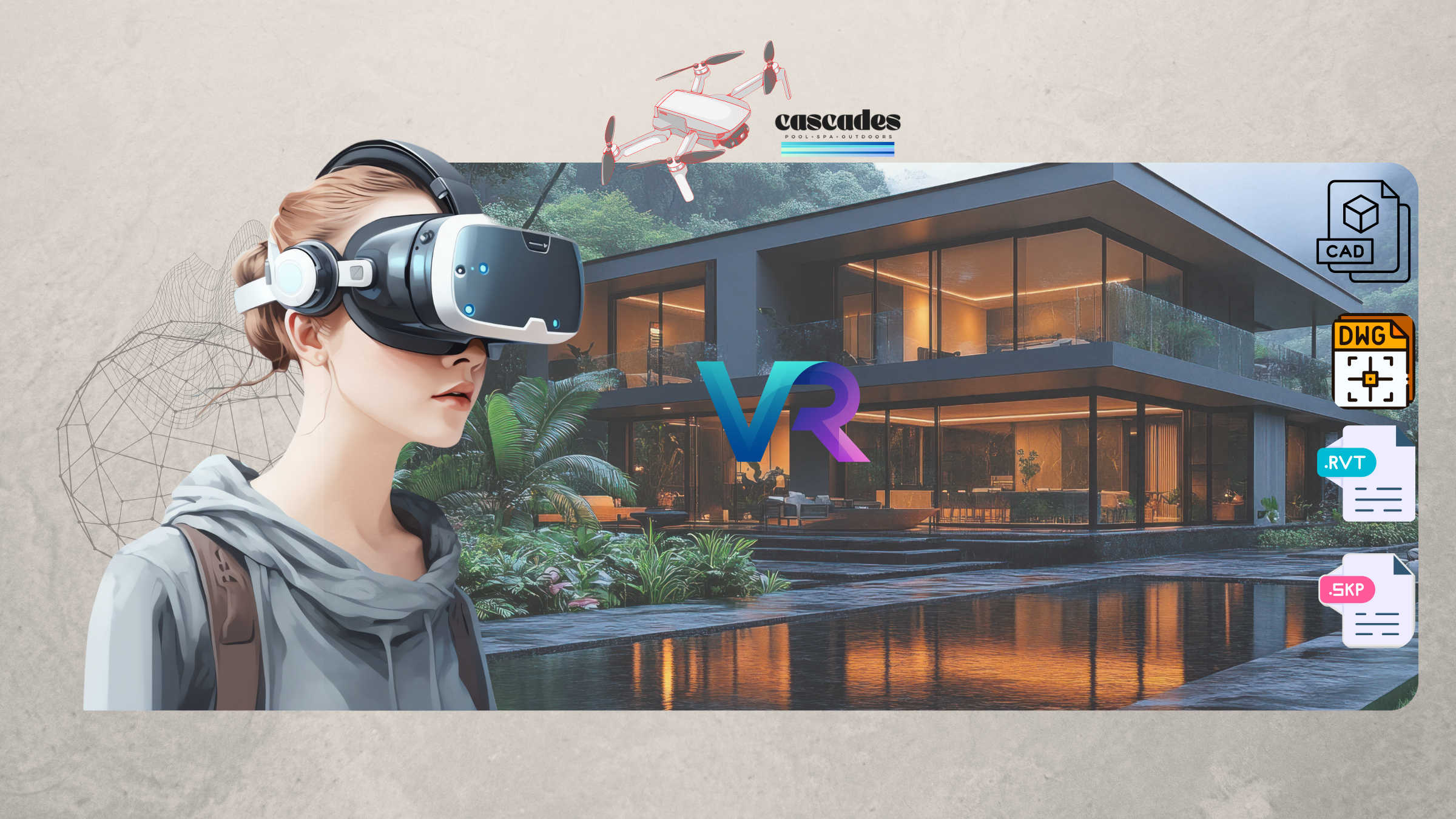 Virtual reality walkthrough of custom pool design for client preview.