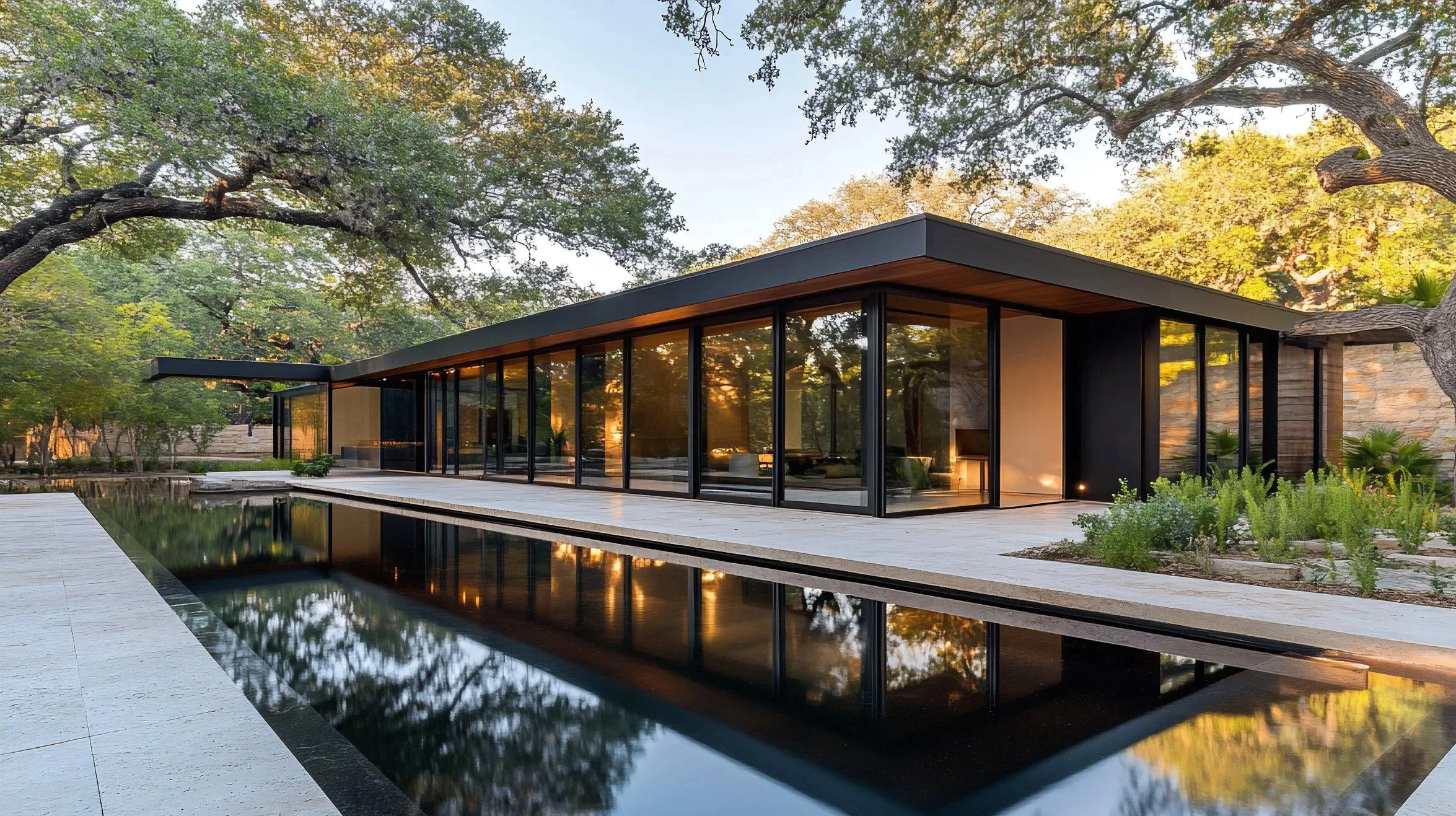 Modern luxury home mirrored in a sleek reflective pool. Minimalist architecture and water symmetry by Cascades Dallas.