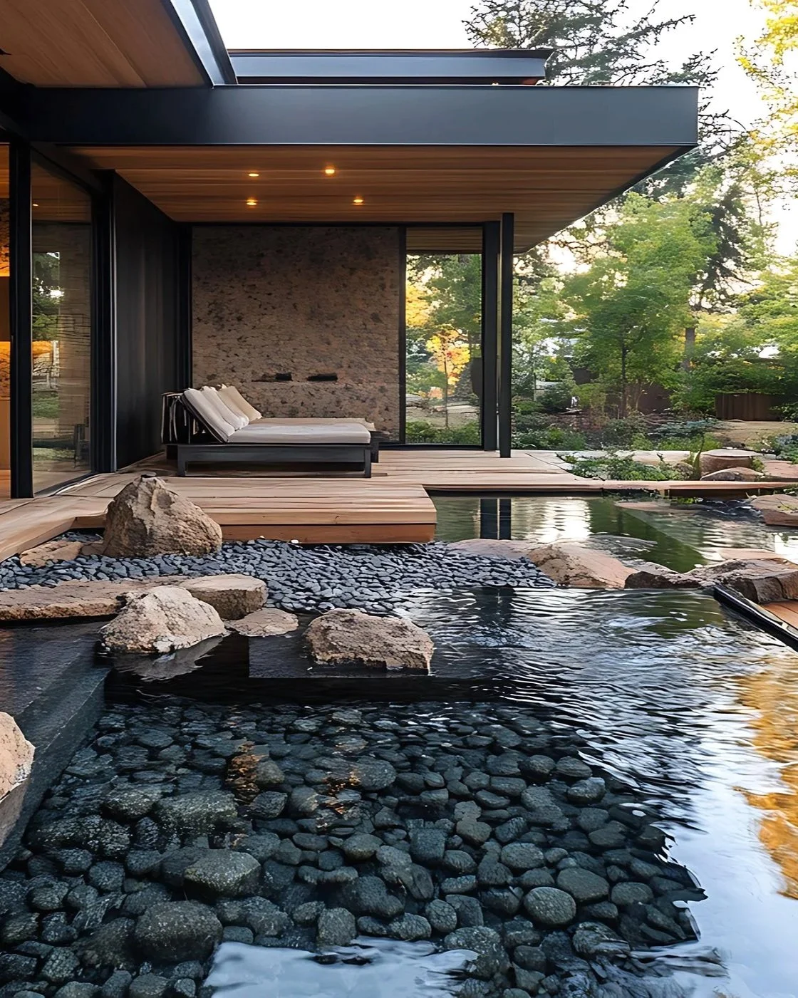 Tranquil reflection pool with dark stone border and modern lounge deck. Cascades luxury outdoor water feature in Dallas.