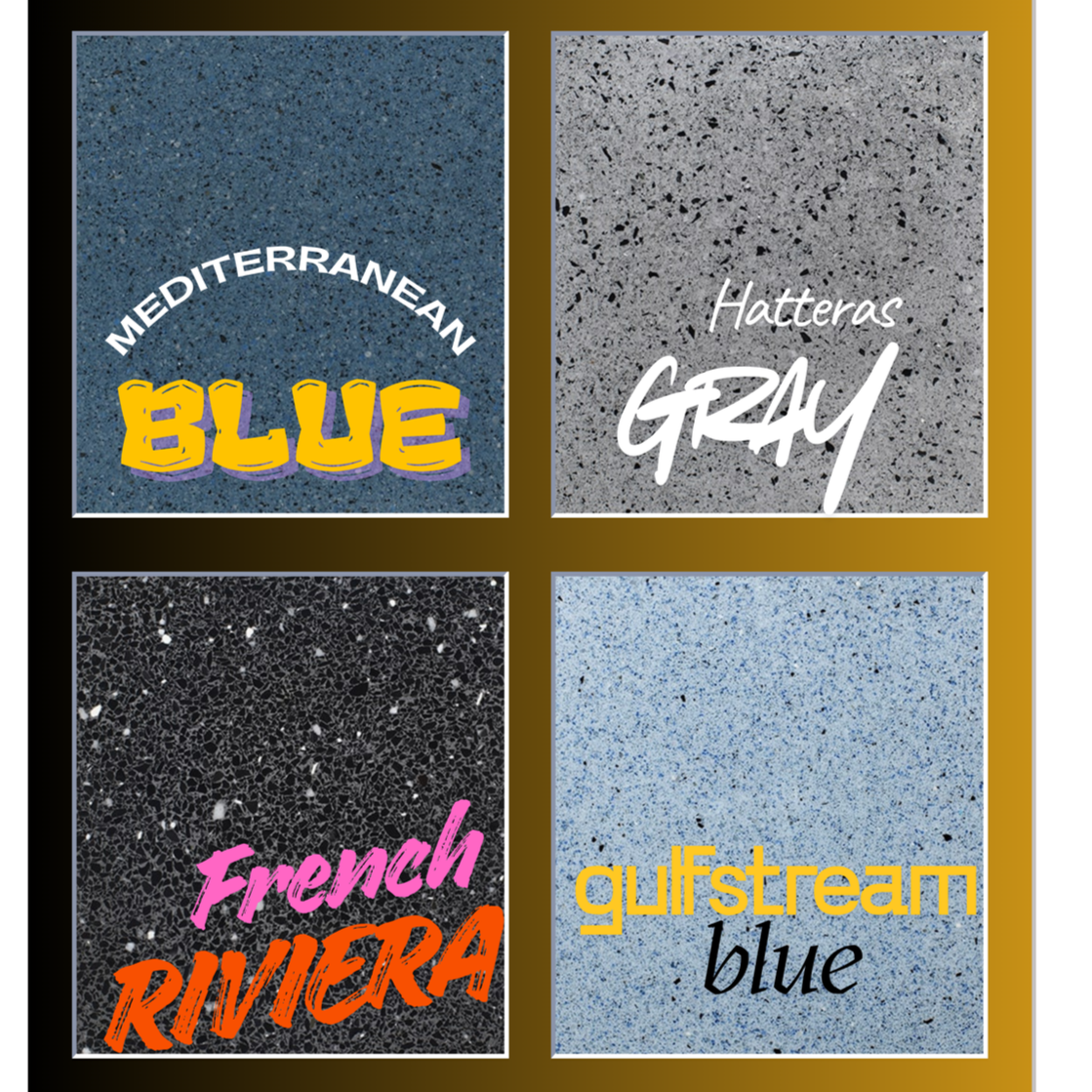 Four Hydrazzo polished marble pool finishes — Mediterranean Blue, Hatteras Gray, French Riviera, and Gulfstream Blue — highlighting smooth, high-luxury surfaces available through Cascades.