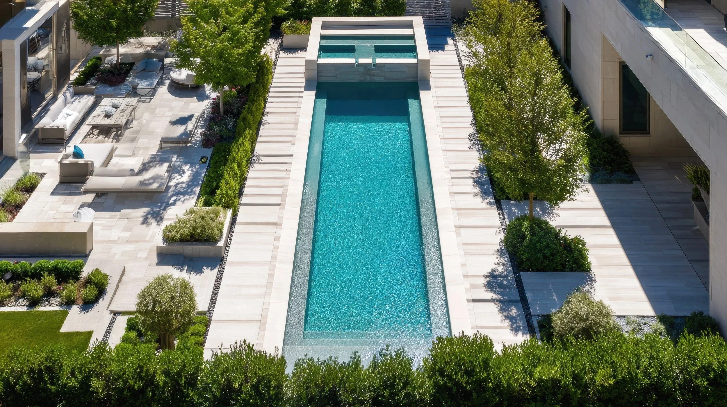 Aerial view of a modern luxury pool with geometric design and lush greenery, built by Cascades Dallas.
