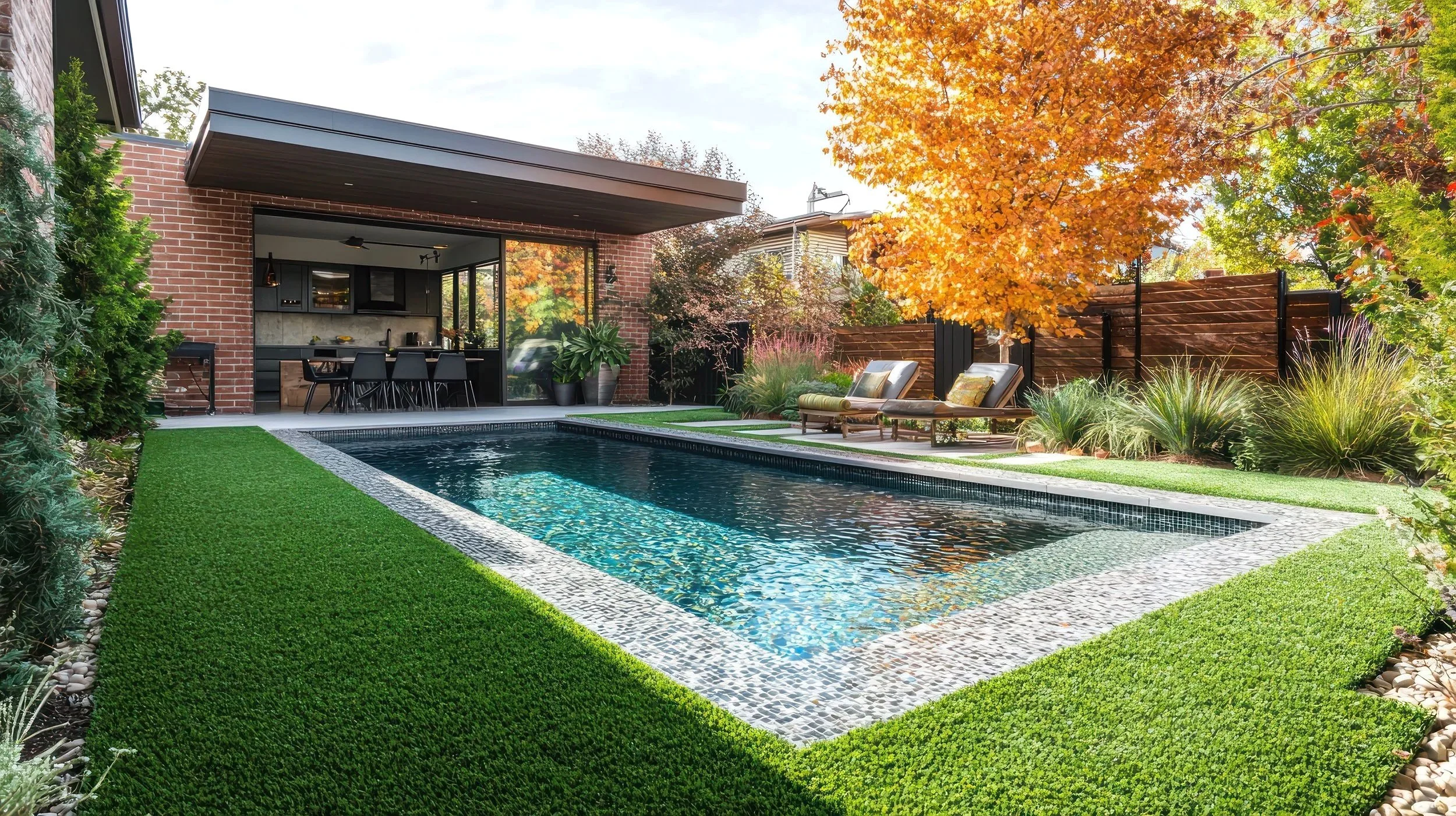 Crisp modern pool surrounded by fall colors and clean architecture . A seasonal retreat designed by Cascades Dallas.