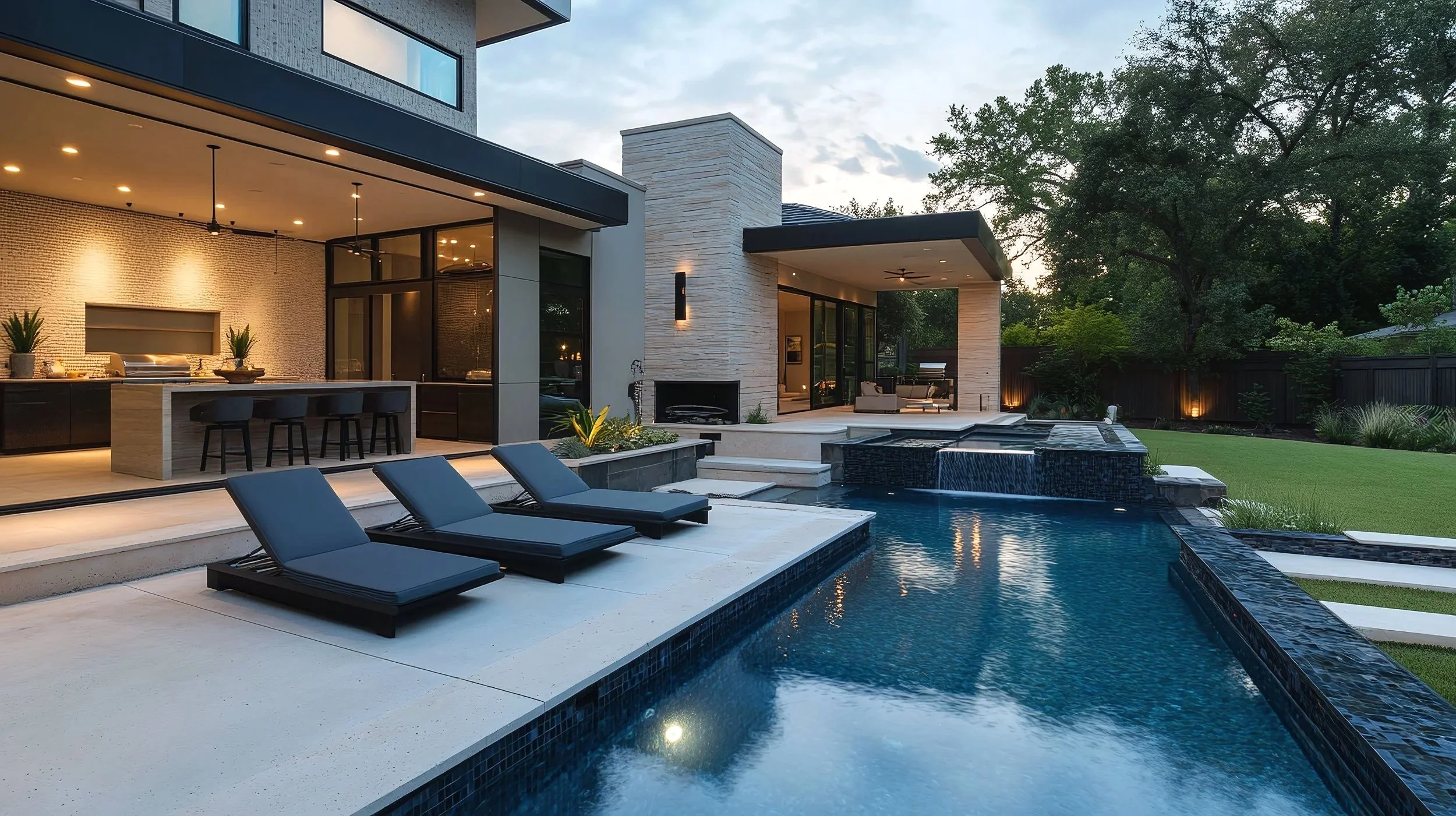 Modern luxury pool with integrated spa, waterfall edge, and lounge seating beside a contemporary Dallas home. Cascades outdoor design.
