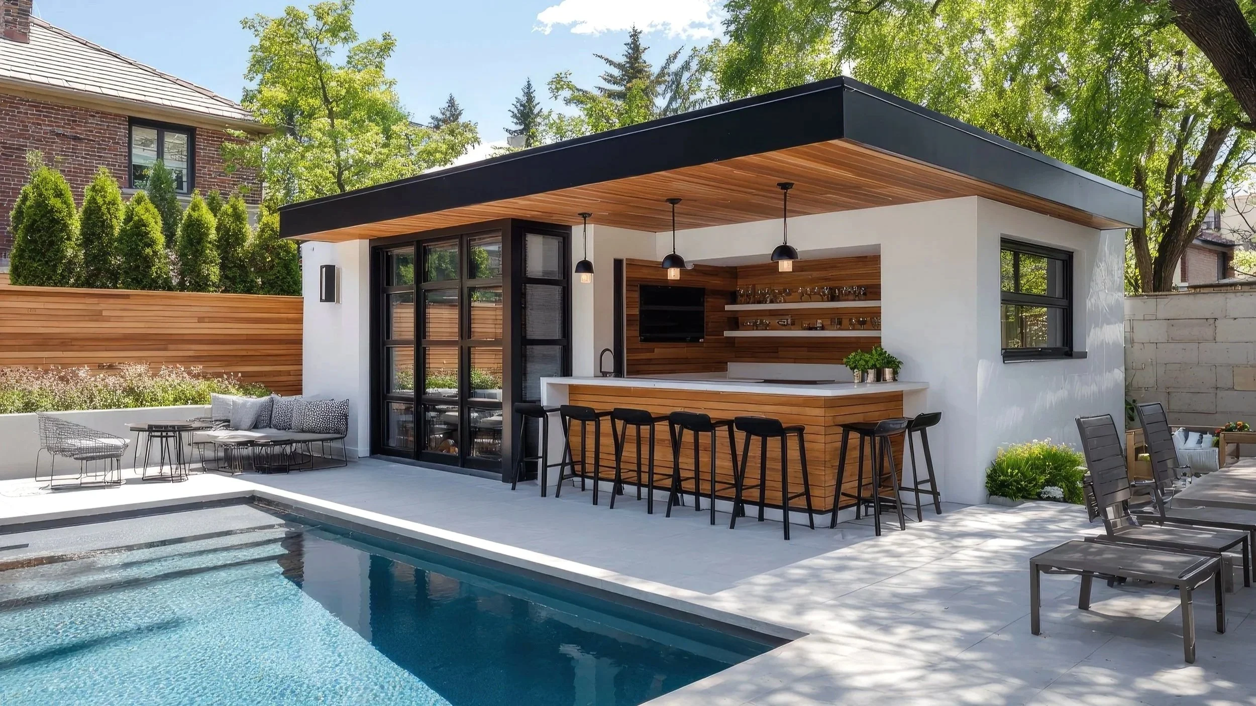 Modern backyard with pool, pergola, and bar seating and outdoor living design by Cascades Dallas.