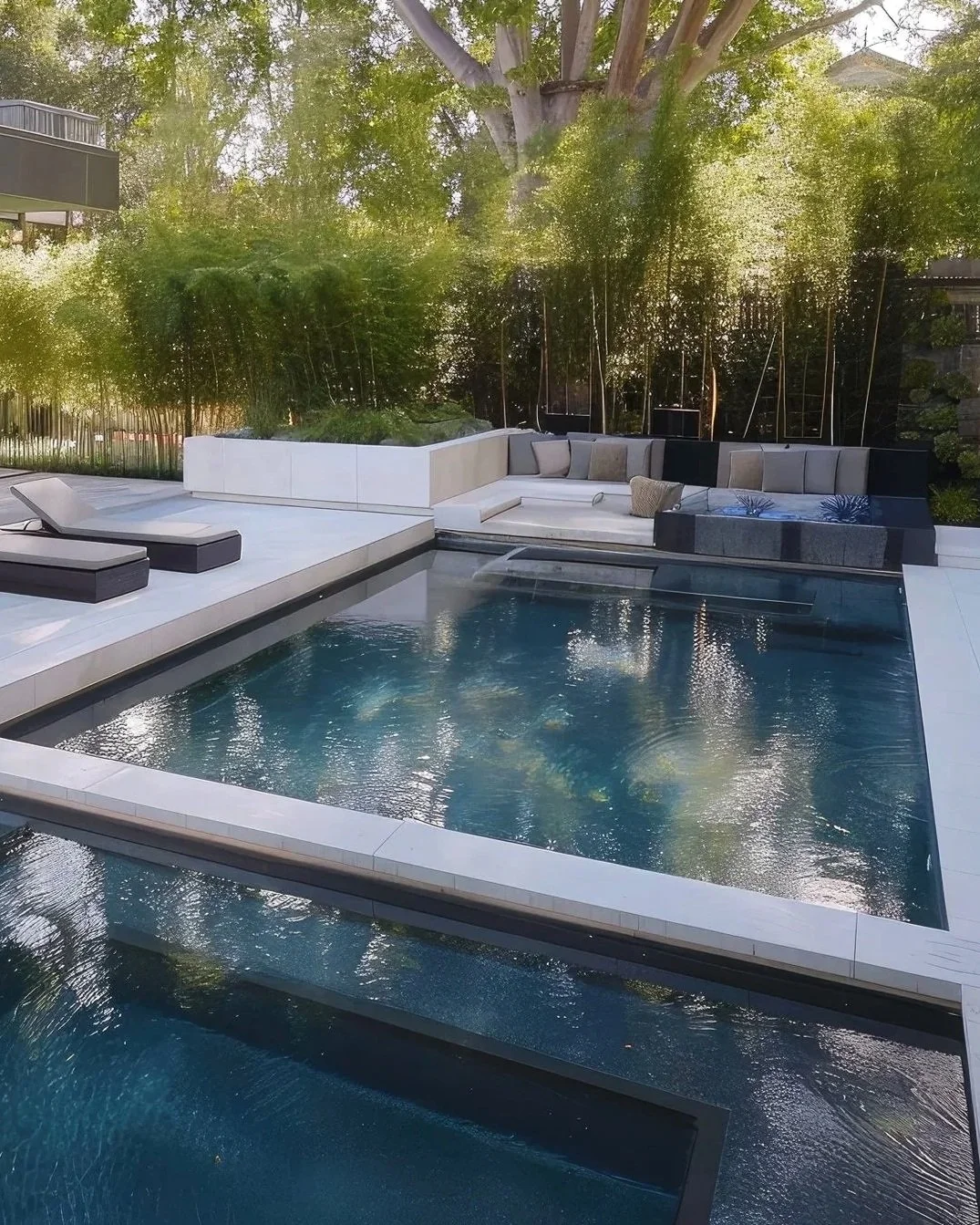 Modern luxury pool and outdoor living design concept surrounded by nature. Cascades Dallas custom pools