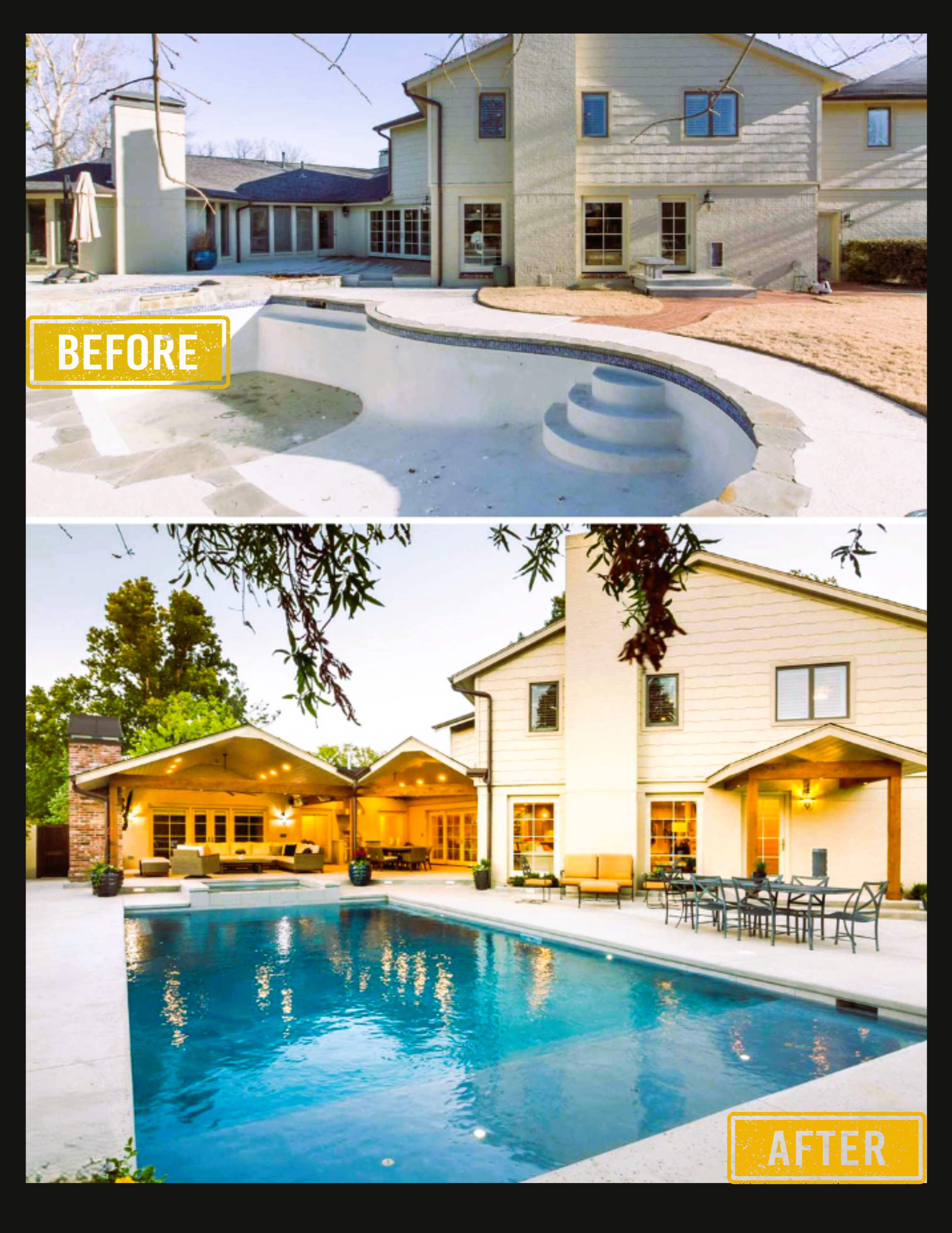 “Before and after photo of a complete pool and backyard remodel by Cascades Dallas, showing transformation from an unfinished concrete pool to a modern luxury outdoor living space.
