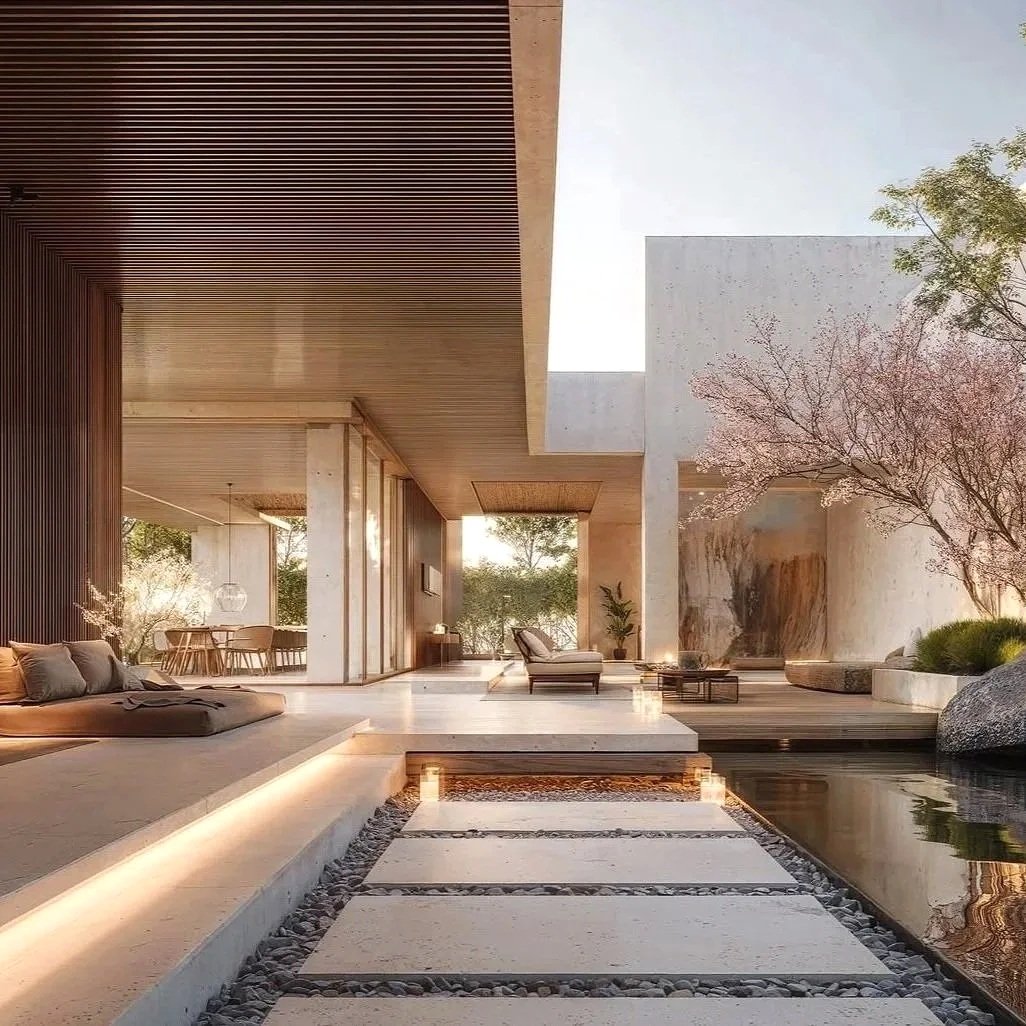 Architectural pool rendering featuring floating stone walkway, wood ceiling, and luxury outdoor lounge by Cascades Dallas.