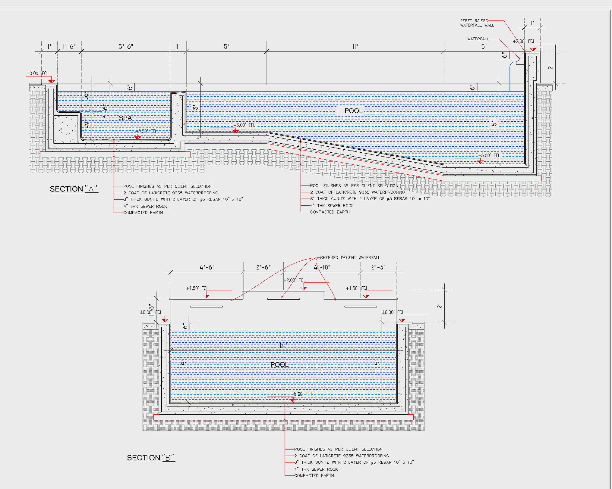 Pool construction and engineering plan with plumbing and lighting layout.