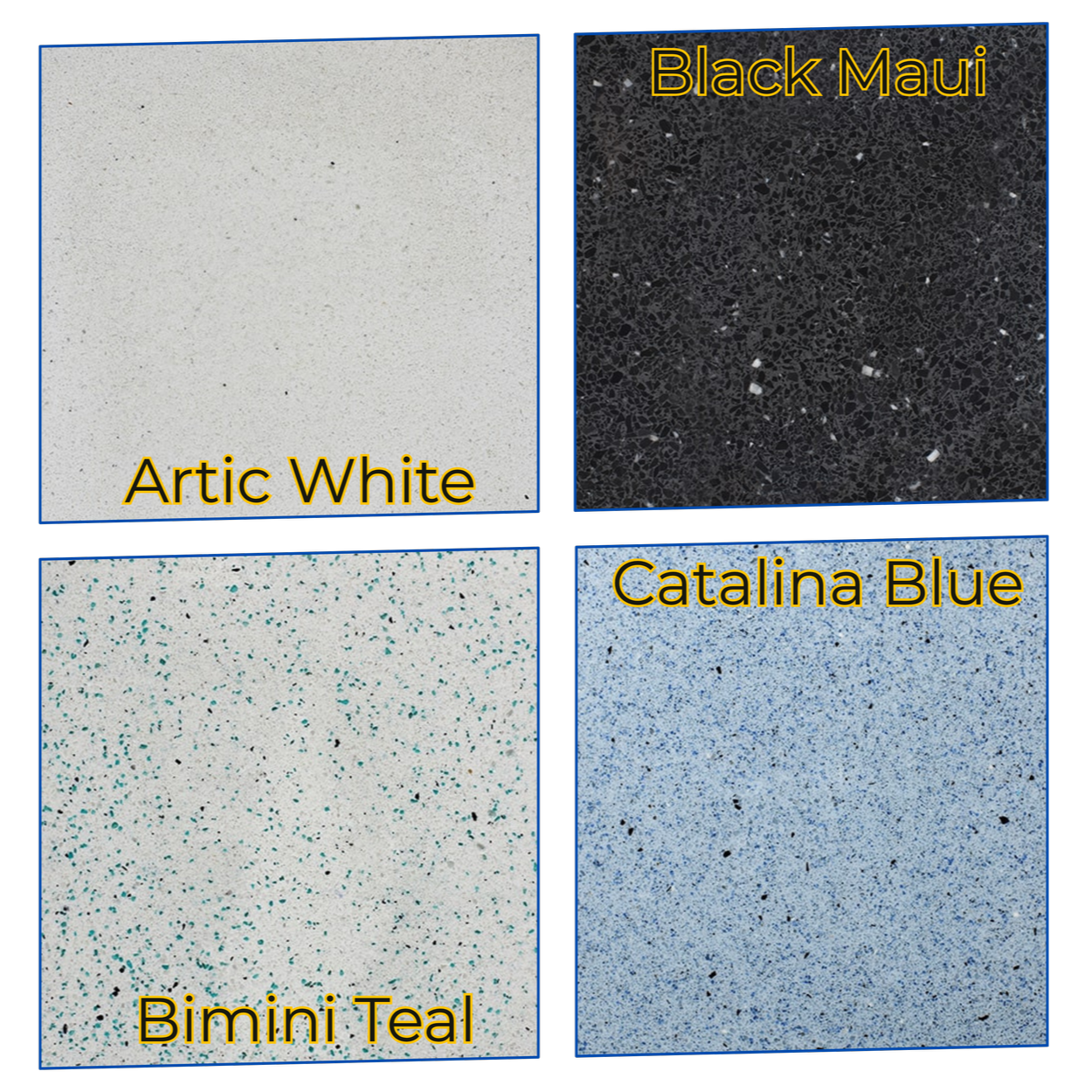 Four Hydrazzo polished marble pool finishes — Arctic White, Black Maui, Bimini Teal, and Catalina Blue — showcasing luxury pool surface color options by Cascades.