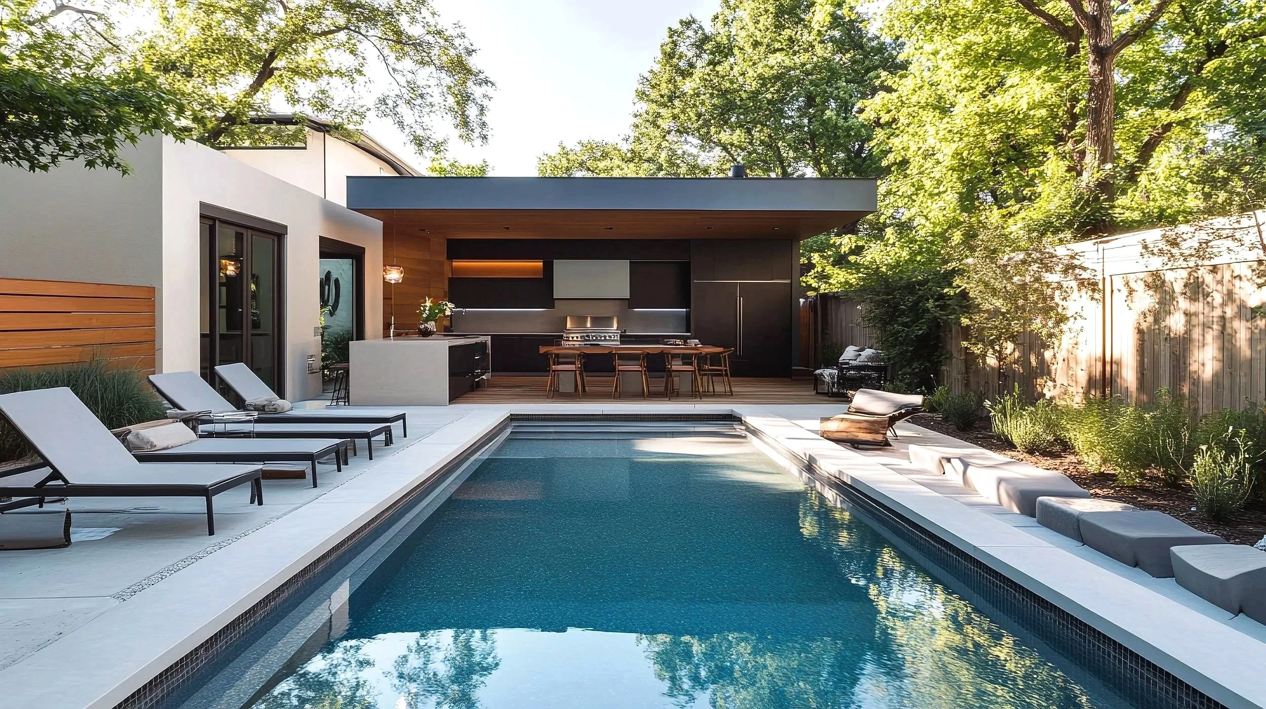 Modern backyard pool and spa reflecting natural sunlight with sleek lounge seating and warm wood architecture. Cascades Dallas outdoor design.