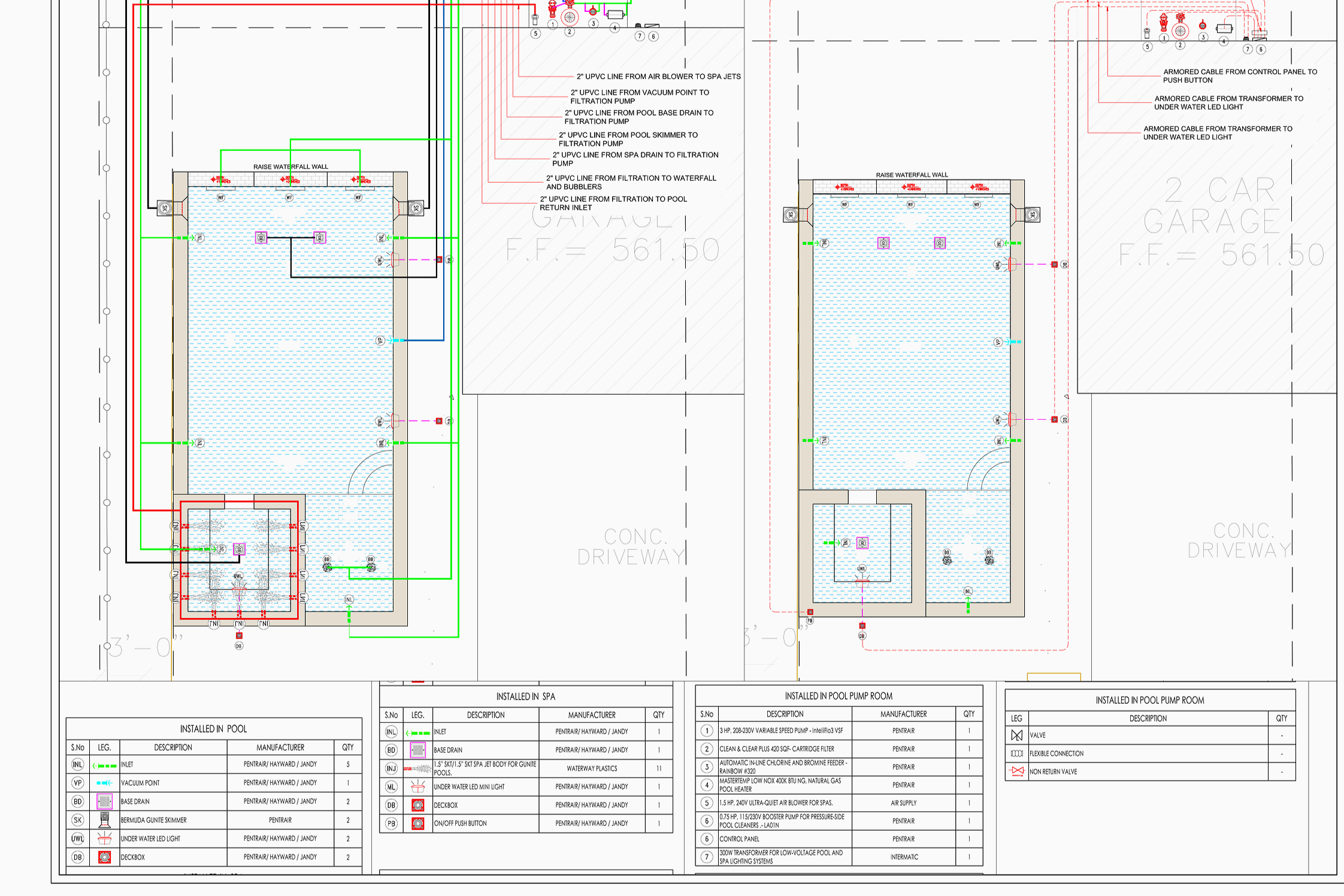 Pool construction and engineering plan with plumbing and lighting layout.