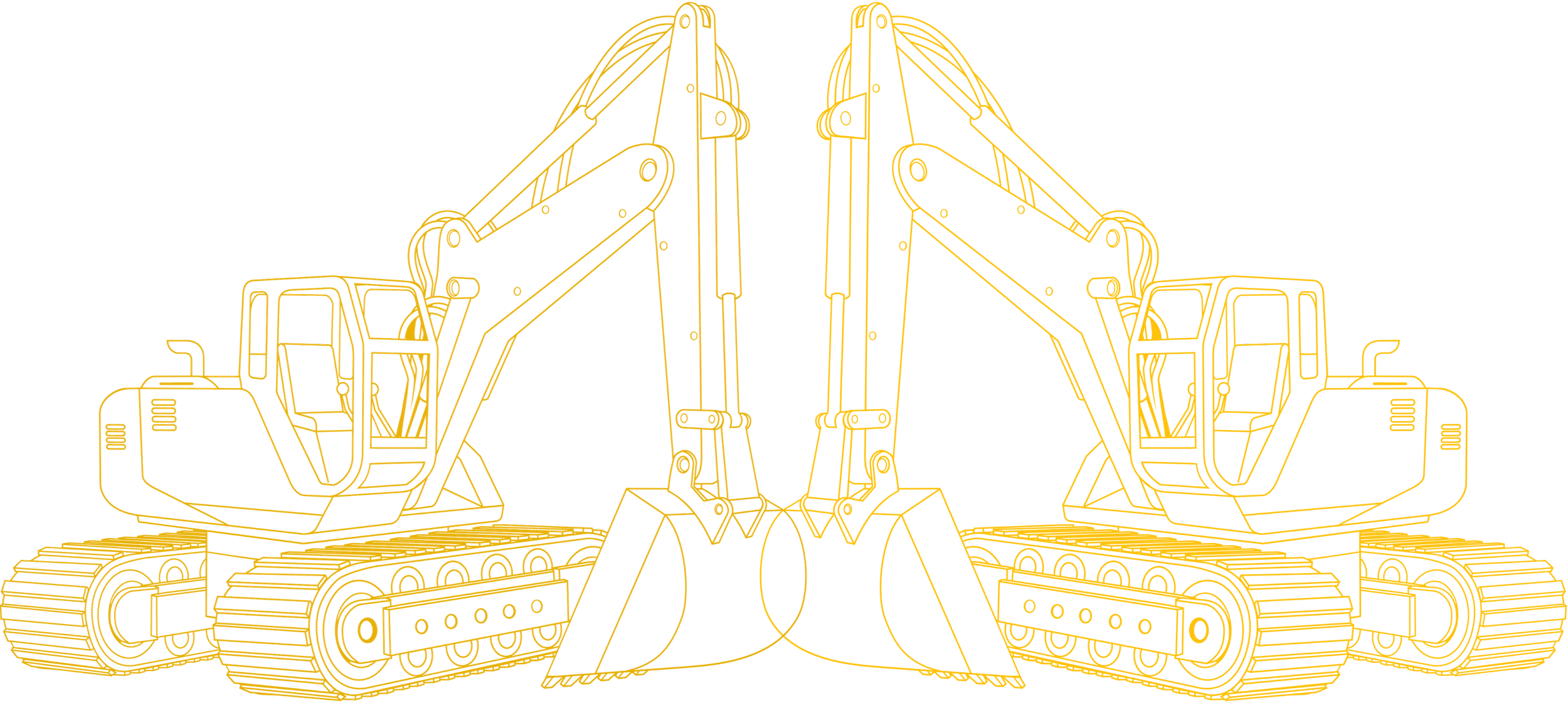 Yellow wireframe outline of two excavators facing each other against a black background.