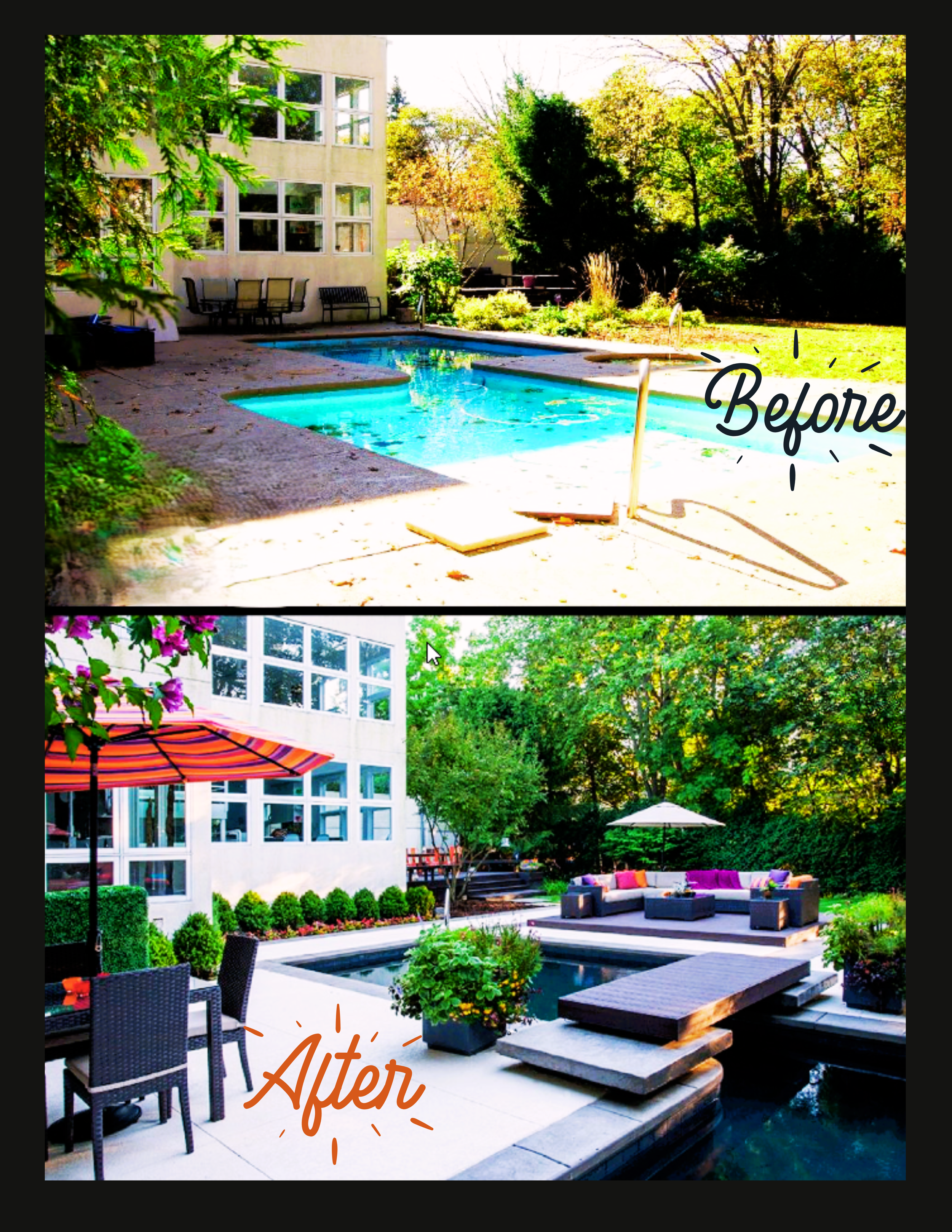 Before and after image of a luxury pool renewal project by Cascades Dallas, showcasing the transformation from a dated courtyard pool into a modern outdoor retreat with seating areas, greenery, and architectural detail.