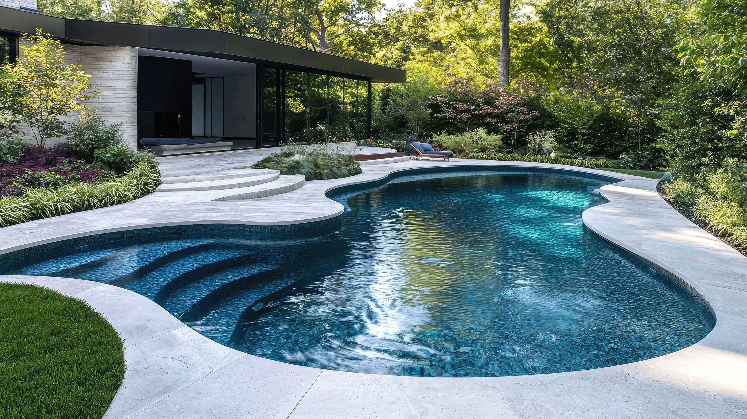 Sunlit modern pool surrounded by lush greenery. Tranquil morning reflection captured by Cascades Dallas.