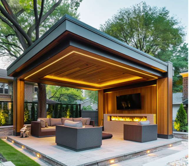 A modern cantilevered steel pergola with warm wood soffits, integrated LED lighting, and a linear fire feature — designed by Cascades Dallas to merge structure, luxury, and architecture.