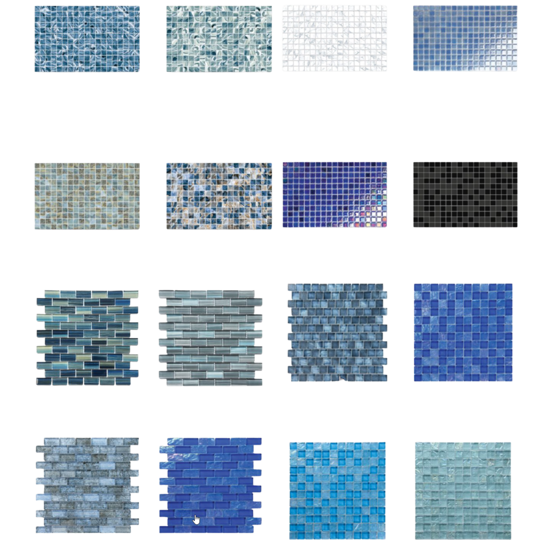 A selection of premium glass mosaic tiles from CNK Faber Stone, showcasing various shades of blue and gray in 1x1 and 1x2 patterns, used by Cascades for luxury pool waterlines and spa finishes.