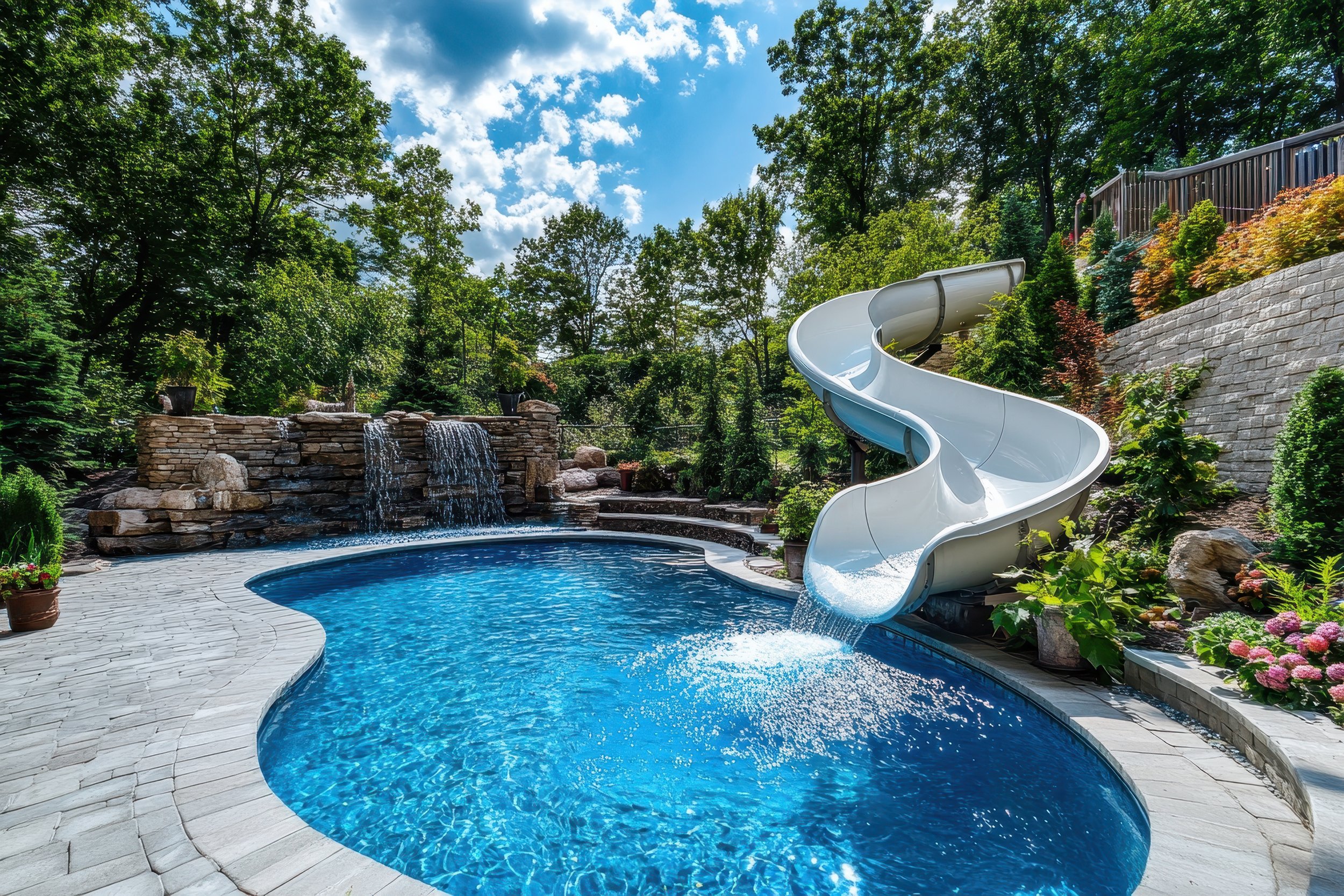 Luxury backyard pool with custom-designed curved water slide built into natural stone landscape by Cascades Dallas.