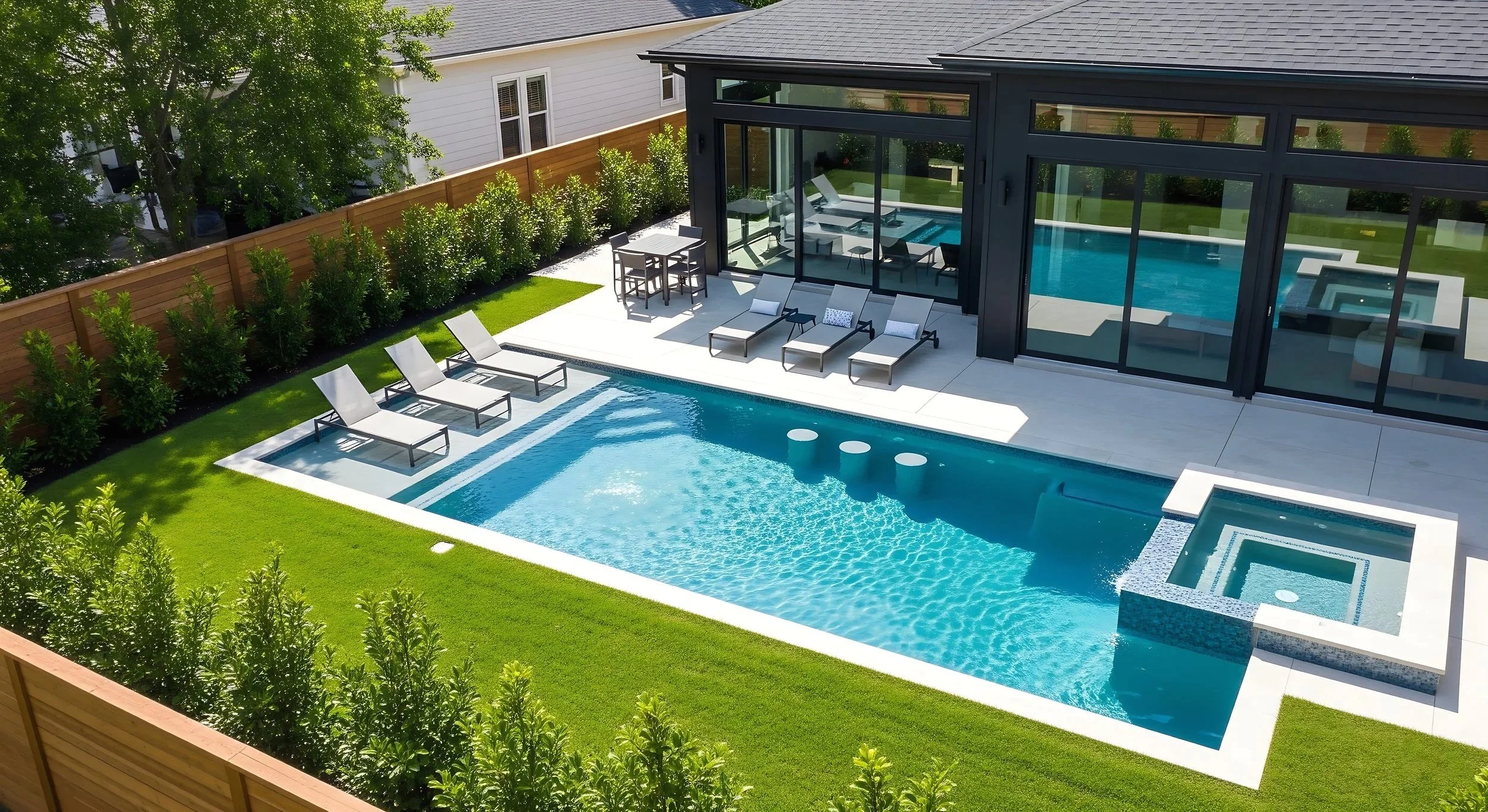 Aerial view of a geometric modern pool and outdoor lounge. Precision design and architectural craftsmanship by Cascades Dallas.