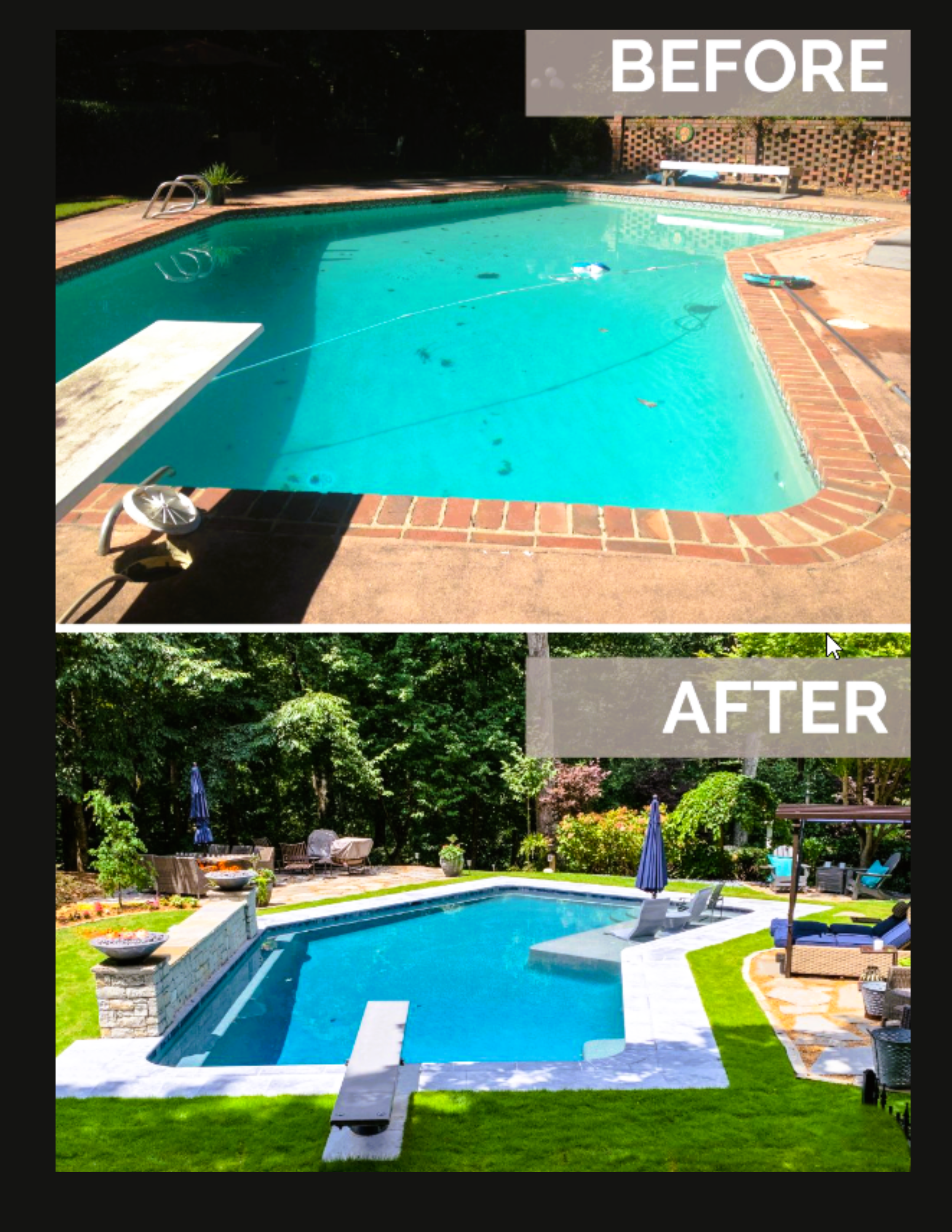 Before and after image of a luxury pool renovation by Cascades Dallas, showing the transformation from an older brick pool to a modern backyard retreat with upgraded finishes and landscaping.