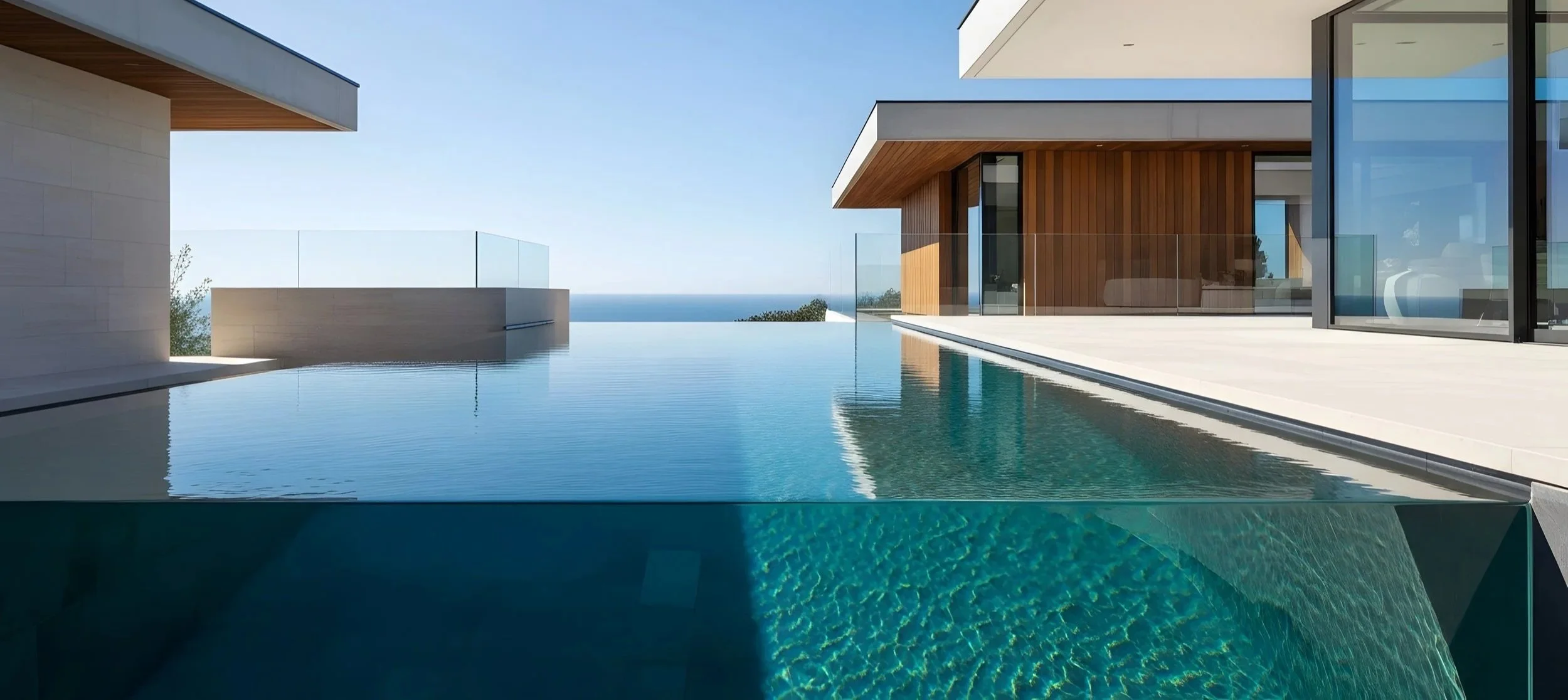 Luxury pool with glass viewing wall and infinity-edge design, offering a seamless underwater view crafted by Cascades Dallas.