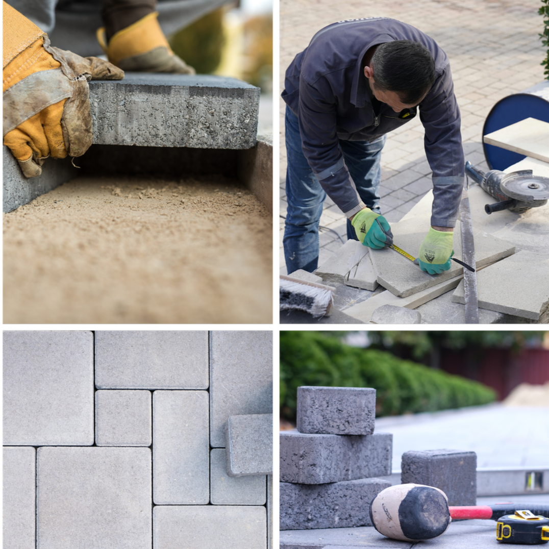 A collage showing professional paver installation, including leveling, measuring, and laying stone blocks, representing Cascades’ precision and quality in outdoor hardscape and coping work.