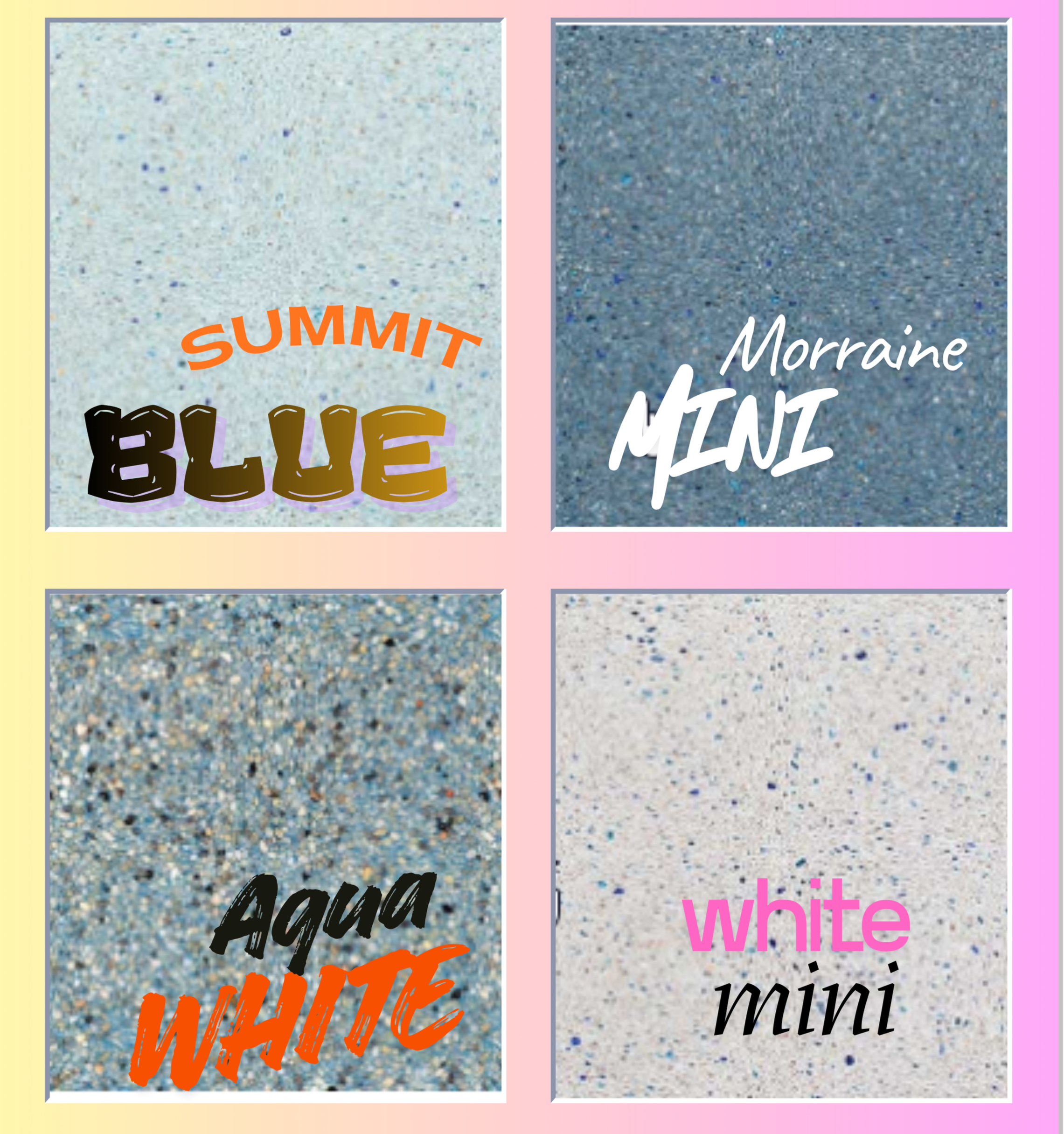 Four StoneScapes Mini Pebble finishes — Tahoe Blue, Tropics Blue, French Gray, and Black Mini — showcasing refined color depth and natural texture that define Cascades’ premium pool surfaces.