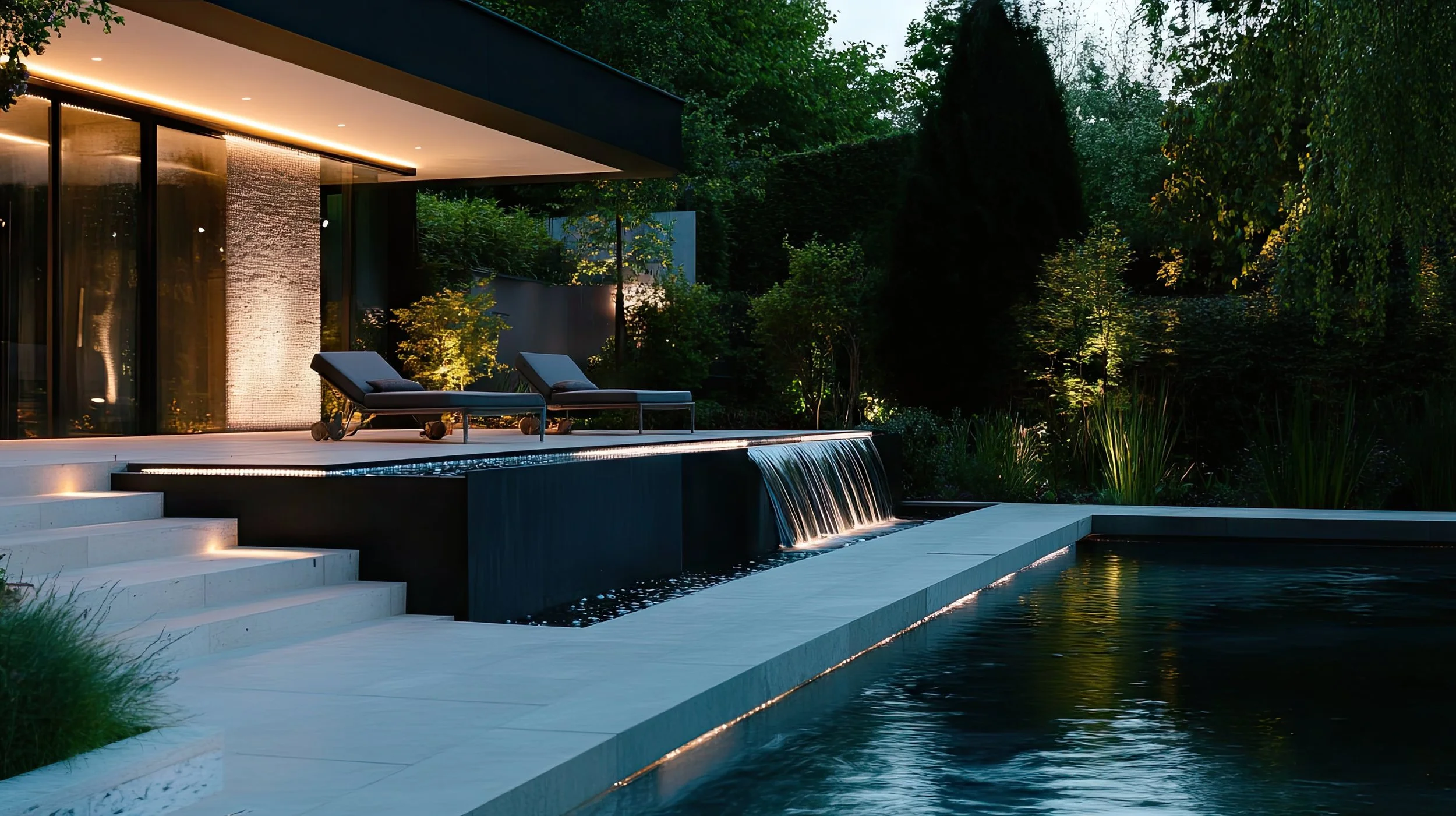 Modern luxury pool with cascading water feature and integrated lighting, designed by Cascades Dallas to merge movement, sound, and architectural precision.