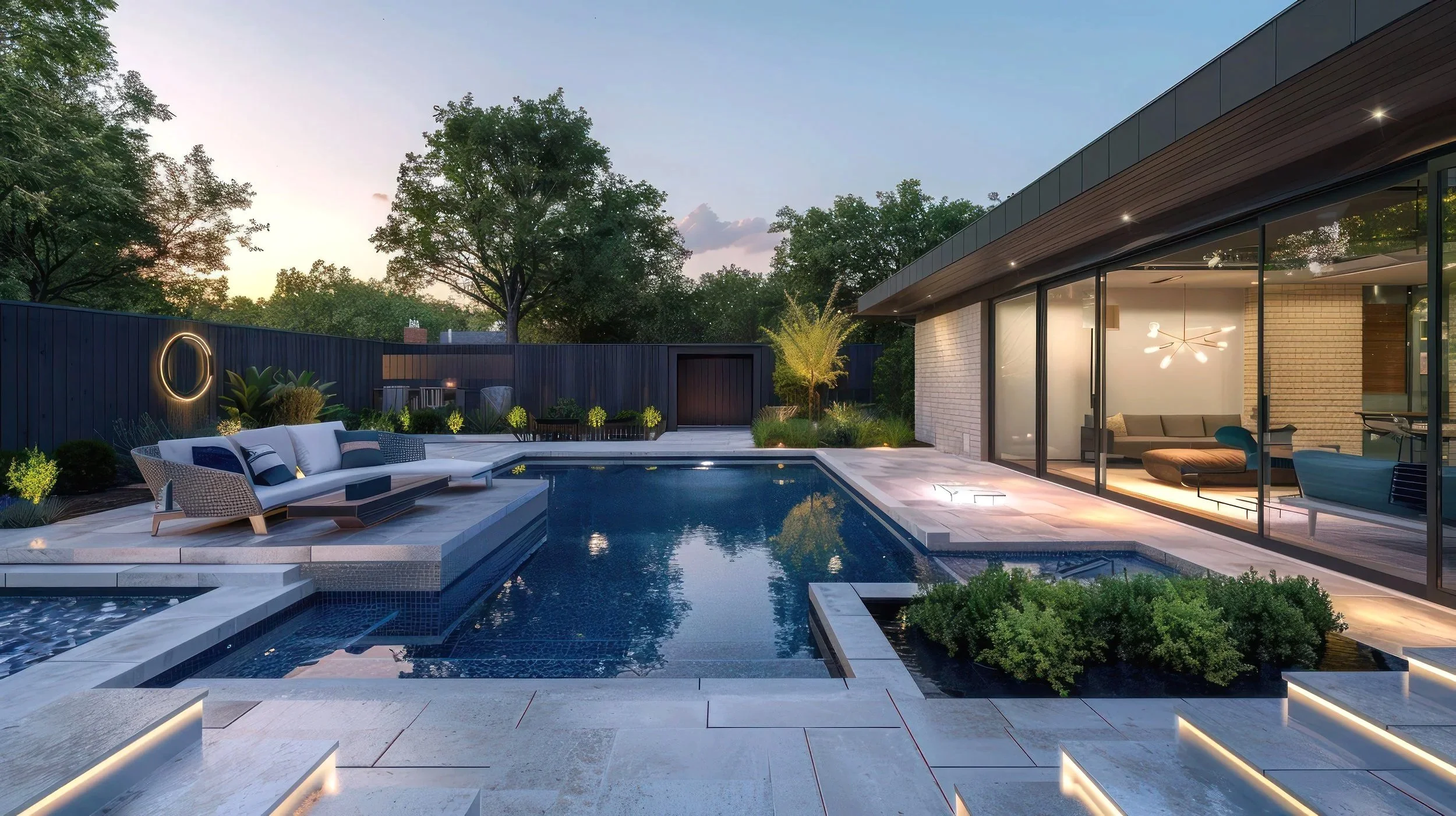 Luxury modern pool illuminated at sunset with clean architectural lines and outdoor living design by Cascades Dallas.