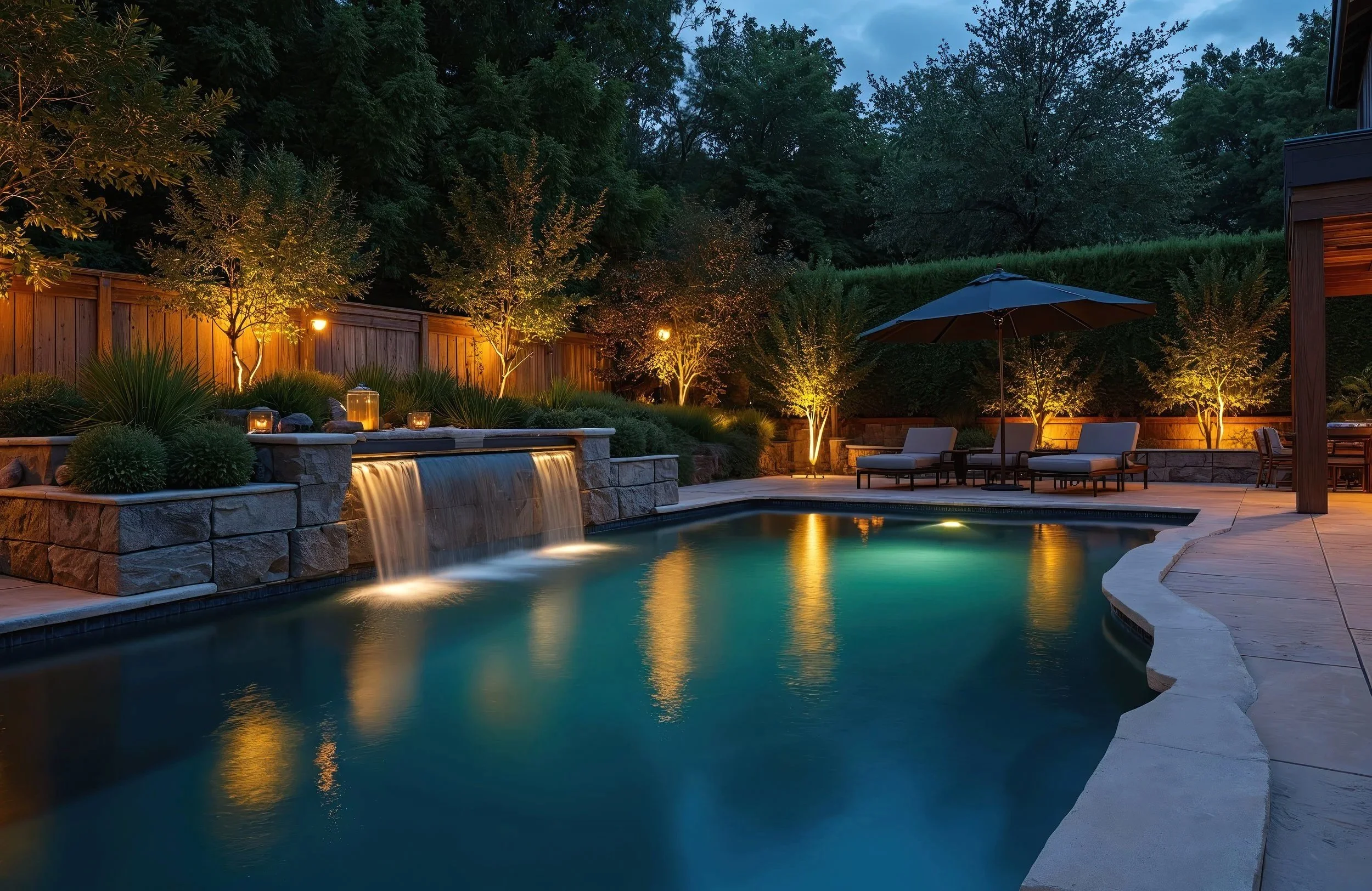 Warmly lit backyard pool at dusk with natural stone and water reflections. Luxury evening design by Cascades Dallas.